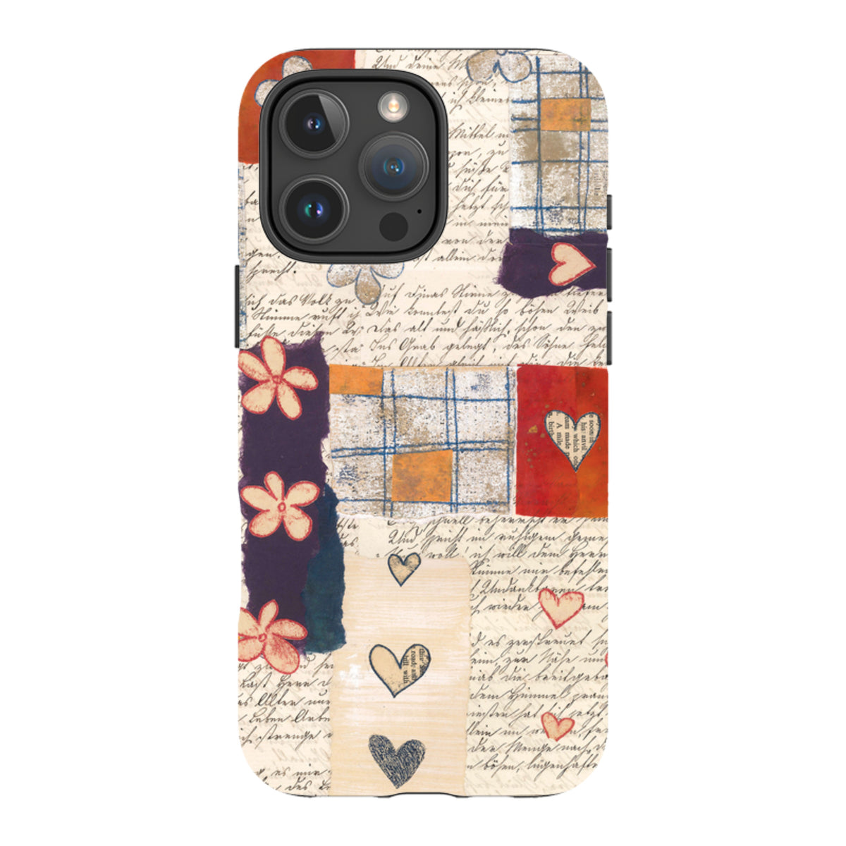 iPhone tough case featuring Alicia by Jehane collage art with handwritten script, floral patterns, and heart motifs.