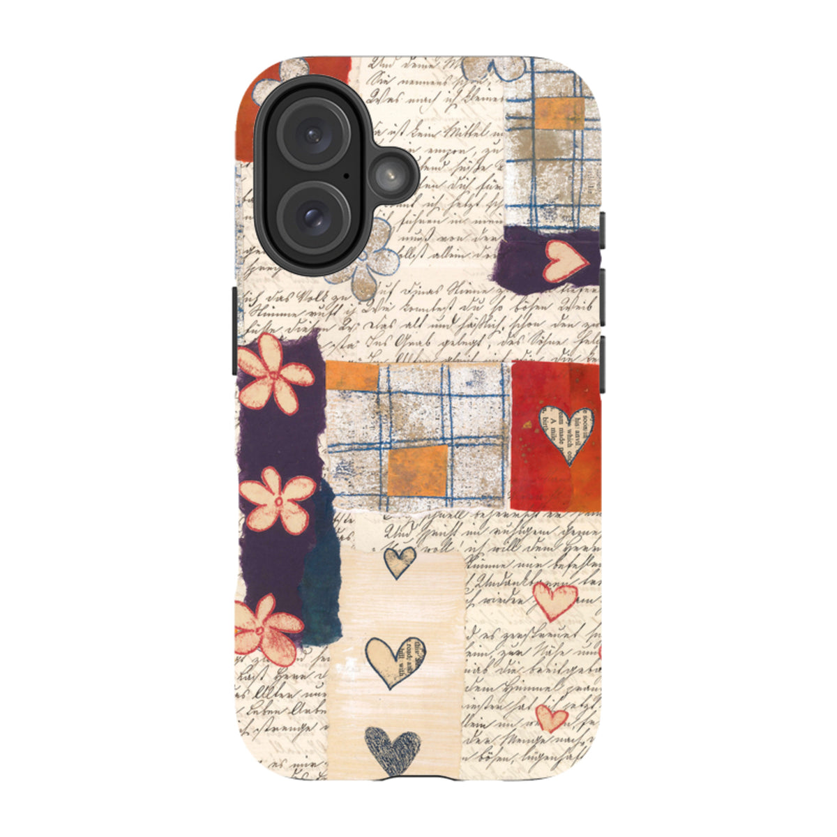 Dual-layer iPhone tough case featuring a collage of vintage script, floral motifs, and heart illustrations.