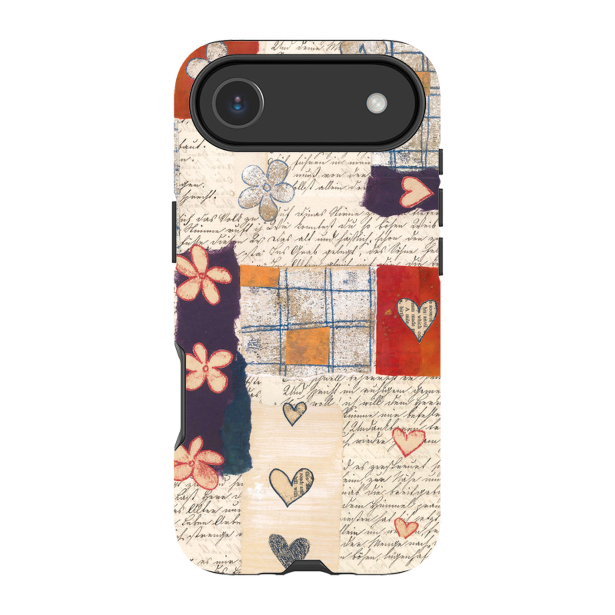 iPhone Tough Case featuring Alicia By Jehane collage art with vintage script, floral motifs, and colorful hearts.