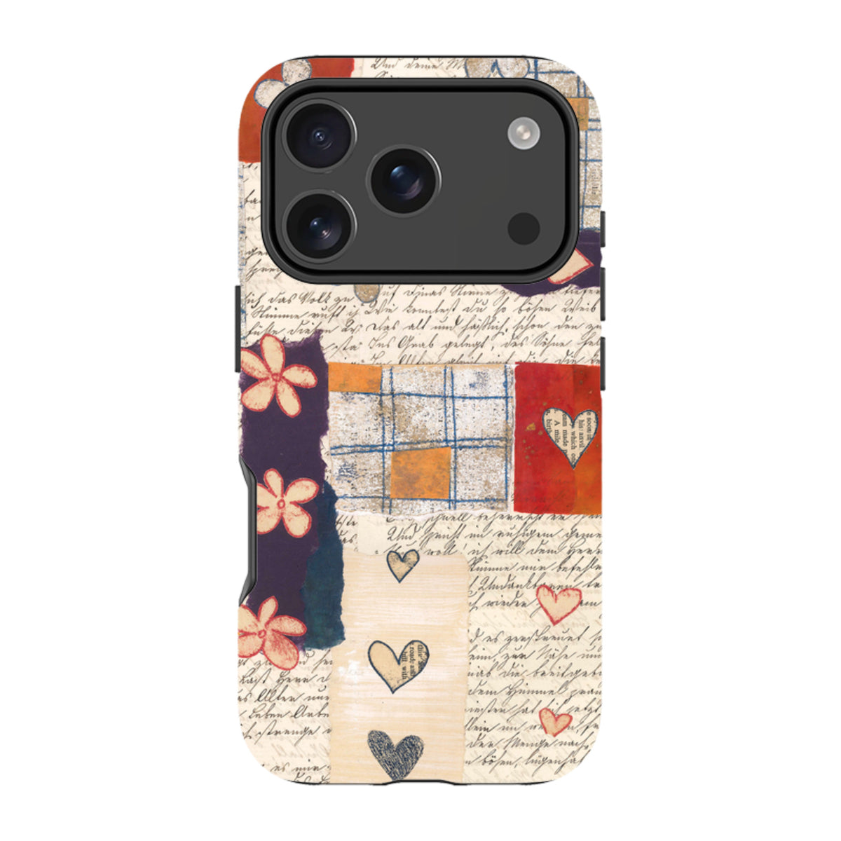 iPhone Tough Case featuring a collage of vintage handwriting, floral motifs, and heart illustrations in a colorful design.