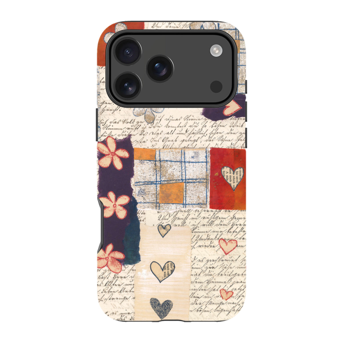 iPhone Tough Case featuring a collage of vintage handwriting, floral patterns, and heart illustrations in a warm color palette.