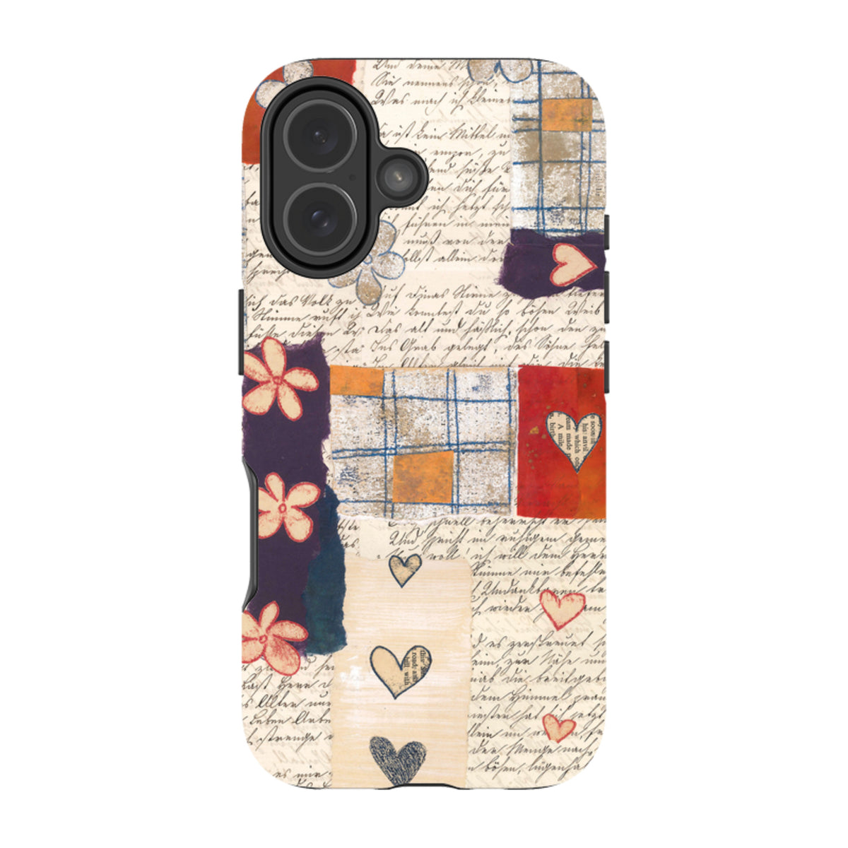 Dual-layer iPhone tough case featuring Alicia by Jehane collage art with handwritten script, floral motifs, and heart patterns.