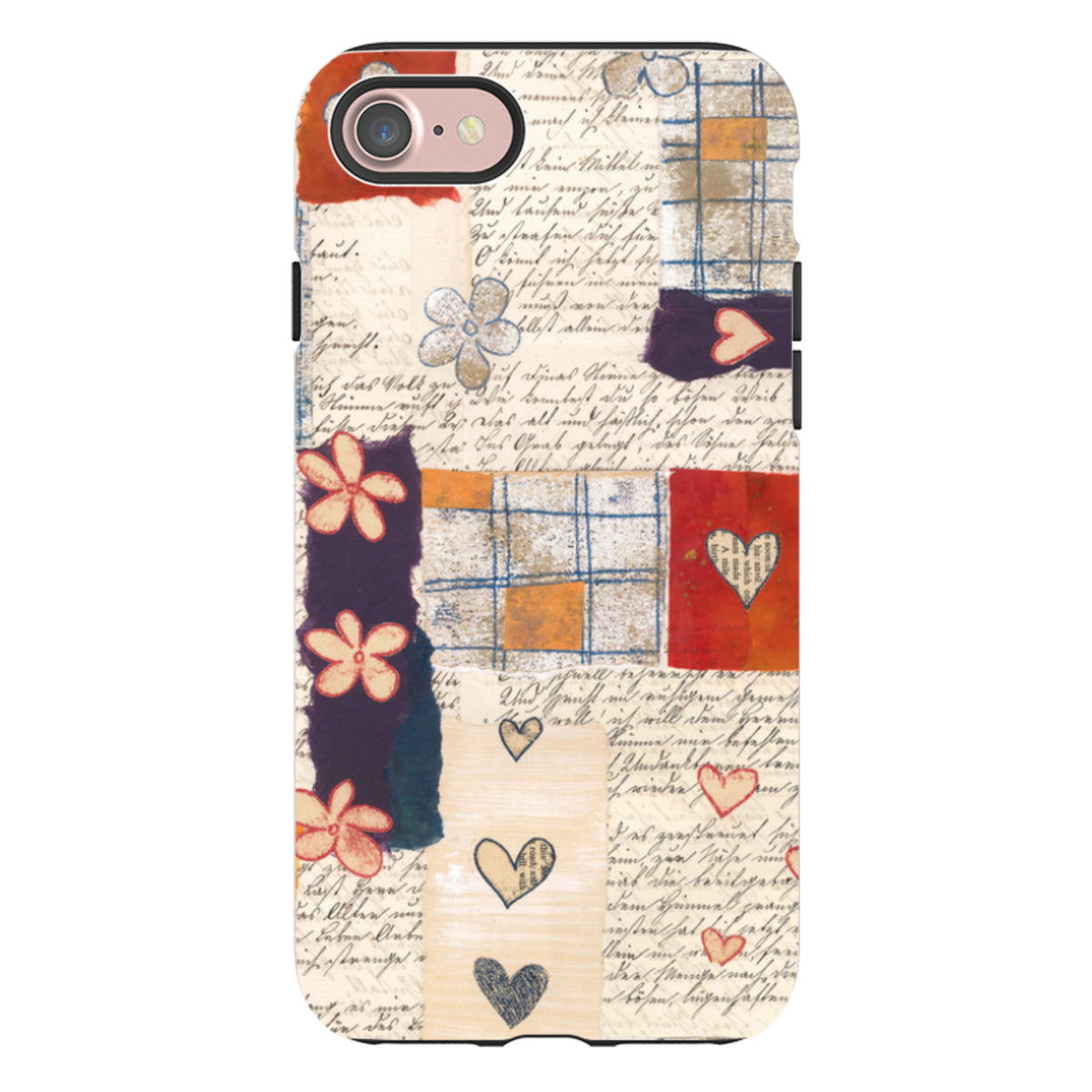 iPhone tough case featuring Alicia by Jehane collage art with handwritten script, floral motifs, and heart patterns.