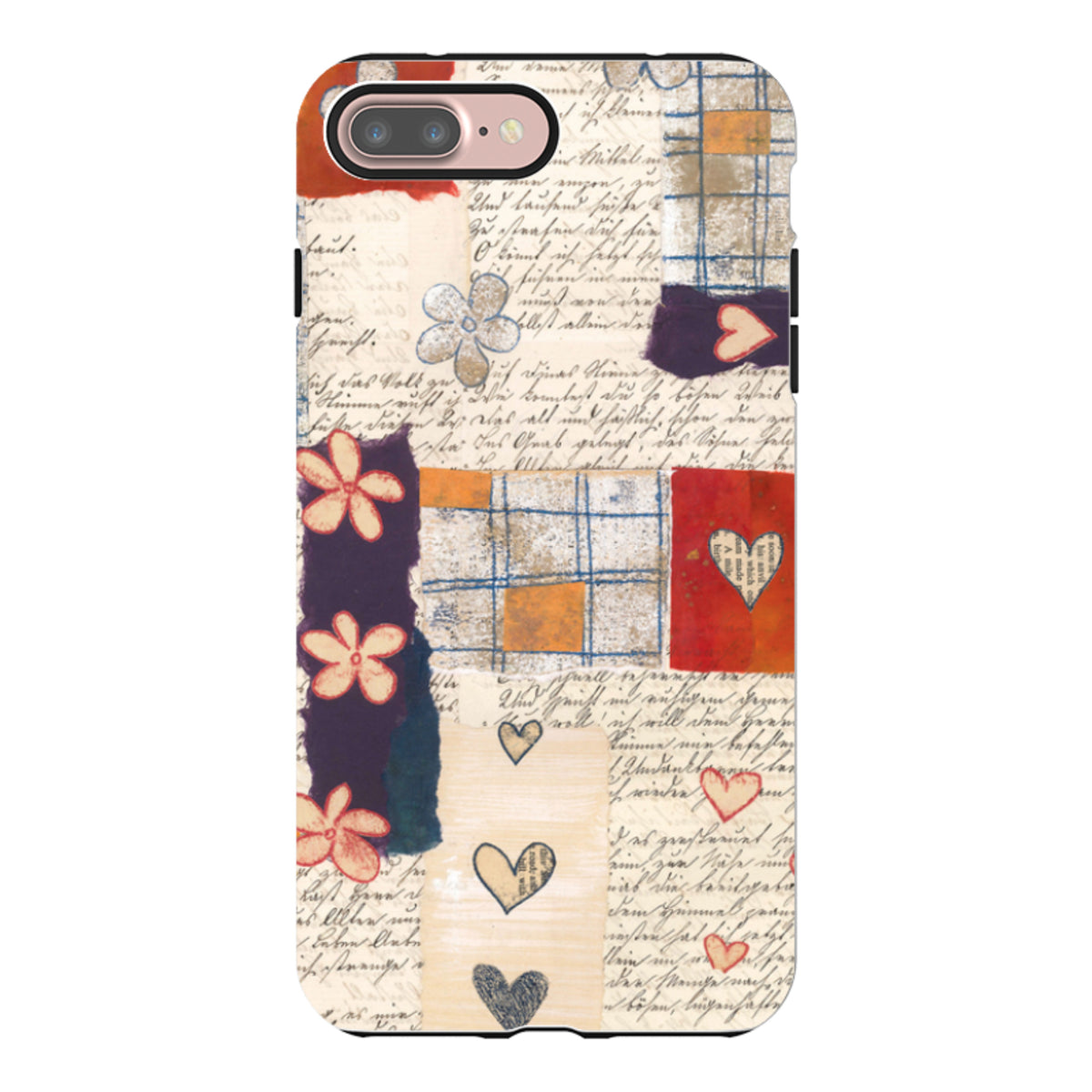Dual-layer iPhone tough case featuring Alicia by Jehane collage art with vintage script, floral, and heart patterns.