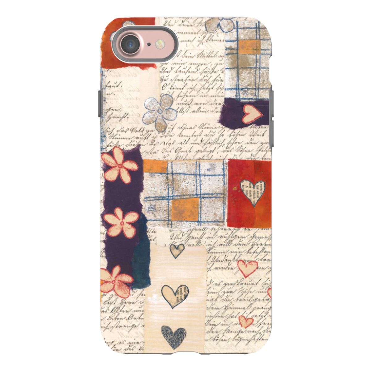 iPhone tough case featuring Alicia by Jehane art with vintage handwriting, floral motifs, and colorful heart collage.