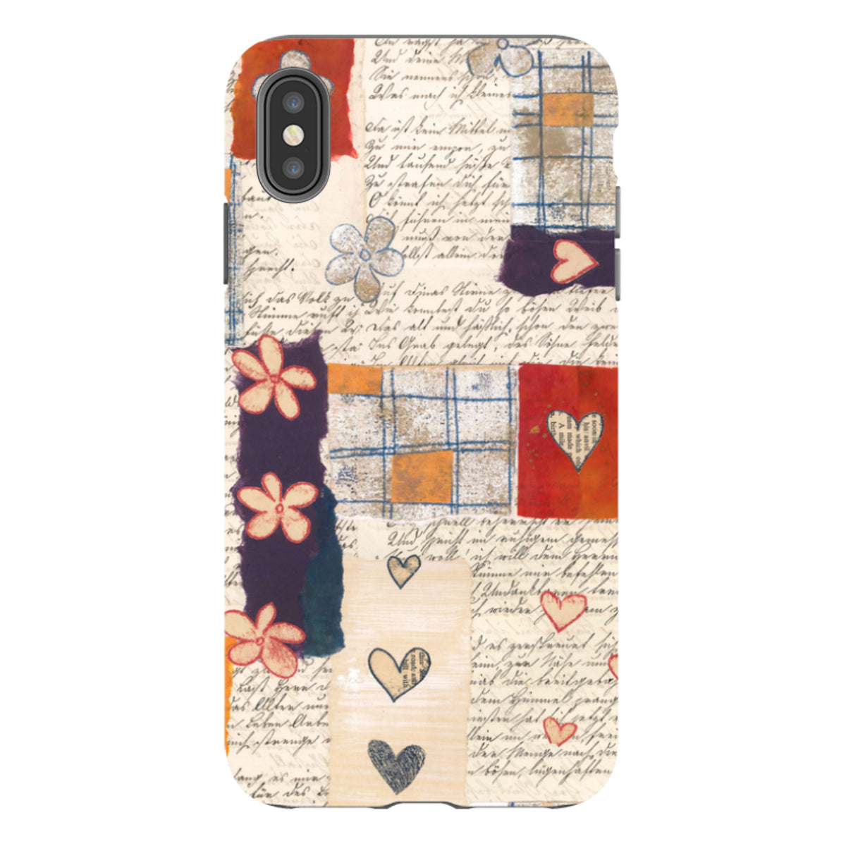 iPhone tough case with Alicia by Jehane art featuring a collage of vintage handwriting, floral sketches, and heart patterns.