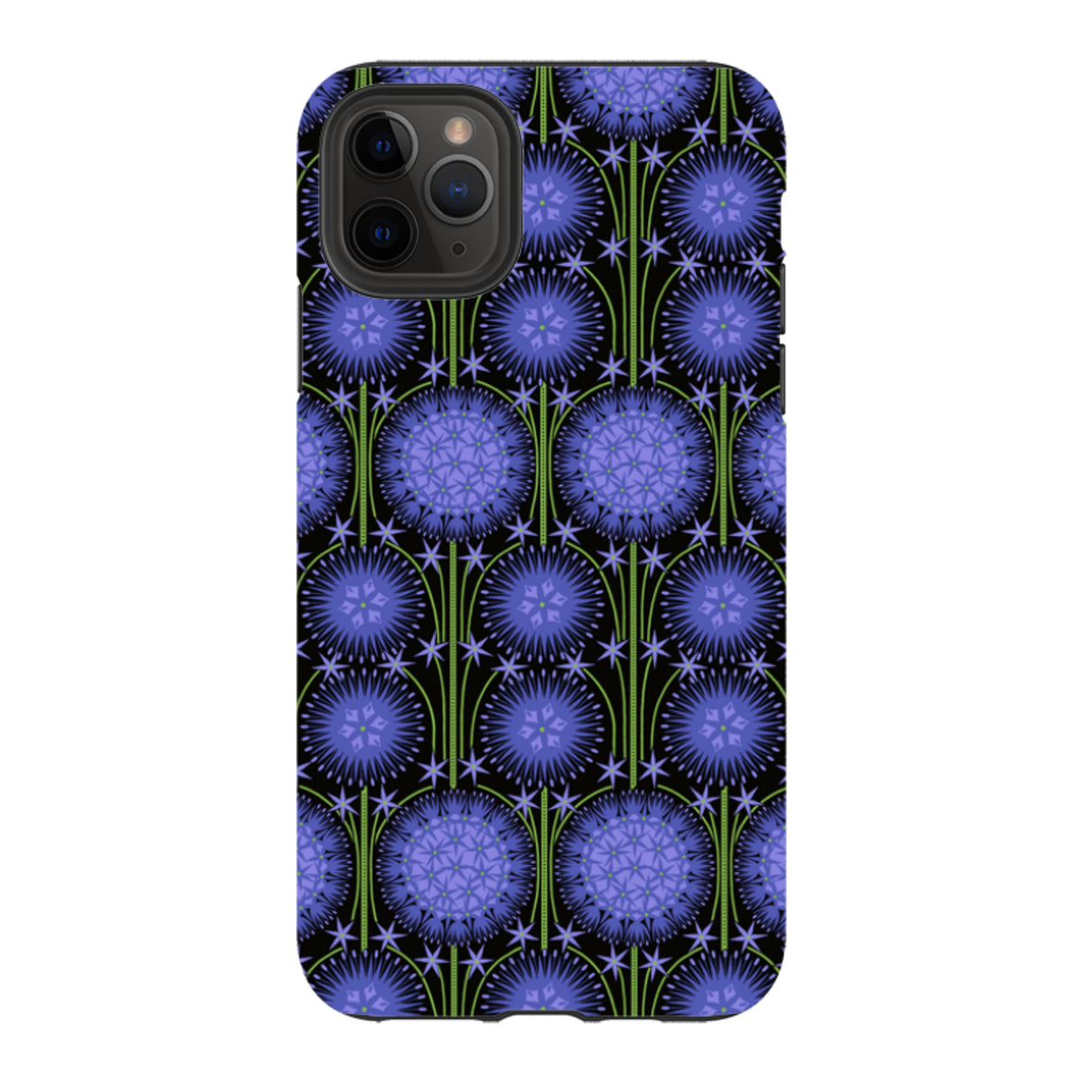 iPhone tough case featuring a purple allium floral pattern on a black background with a dual-layer protective design.