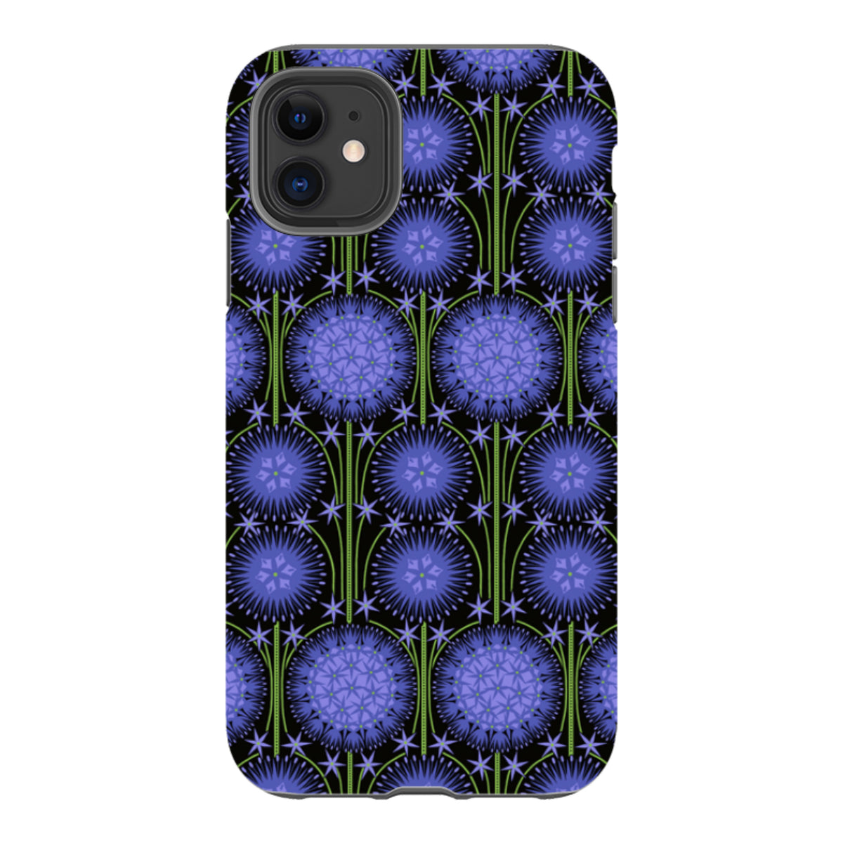 iPhone tough case featuring a purple allium floral pattern on a black background with dual-layer protective construction.
