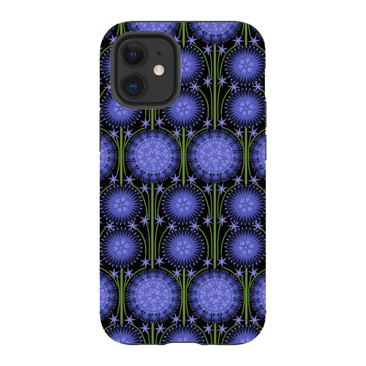 iPhone tough case featuring a purple allium floral pattern by Cressida Bell on a black background with dual-layer protection.