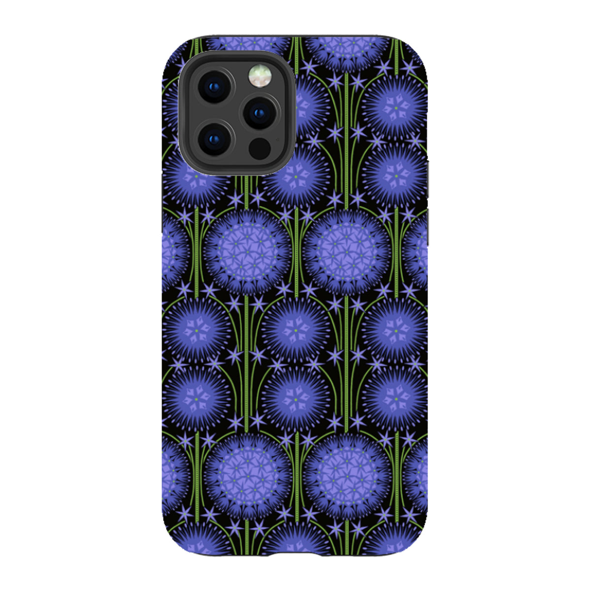 iPhone tough case with a purple allium floral pattern by Cressida Bell, featuring a dual-layer design and camera cutout.
