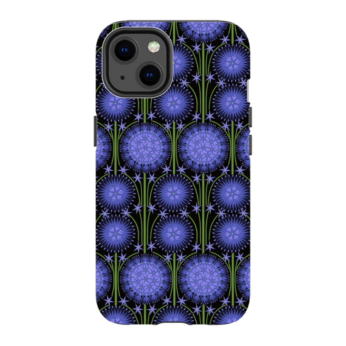 iPhone tough case featuring a vibrant purple allium floral pattern on a black background with dual-layer protection.
