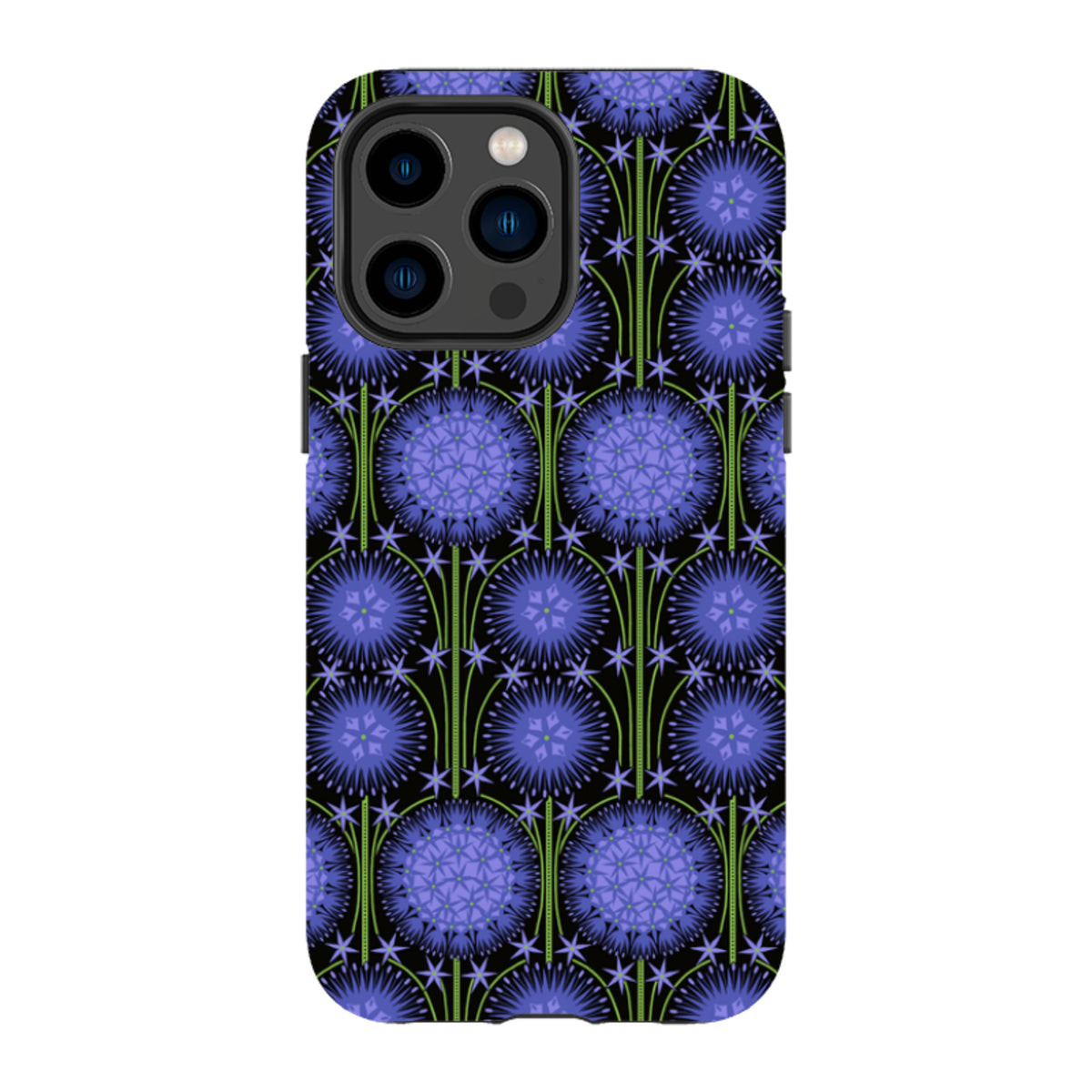 iPhone tough case featuring a purple allium floral pattern by Cressida Bell on a black background with dual-layer protection.