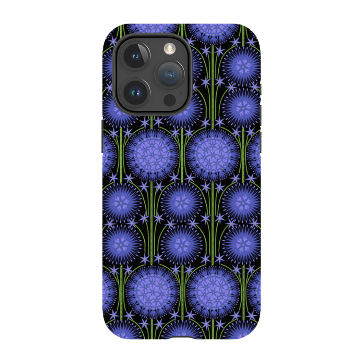iPhone tough case featuring a purple allium floral pattern by Cressida Bell on a black background with dual-layer protection.