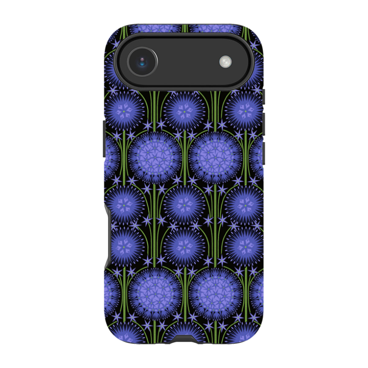 Dual-layer iPhone tough case featuring a purple allium floral pattern by Cressida Bell on a black background.