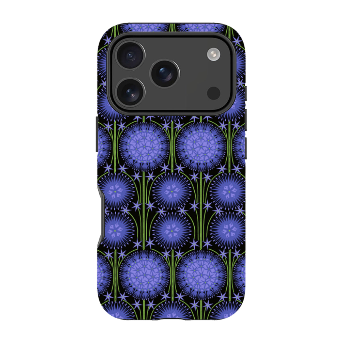 Dual-layer iPhone tough case featuring a purple allium floral pattern by Cressida Bell on a black background.