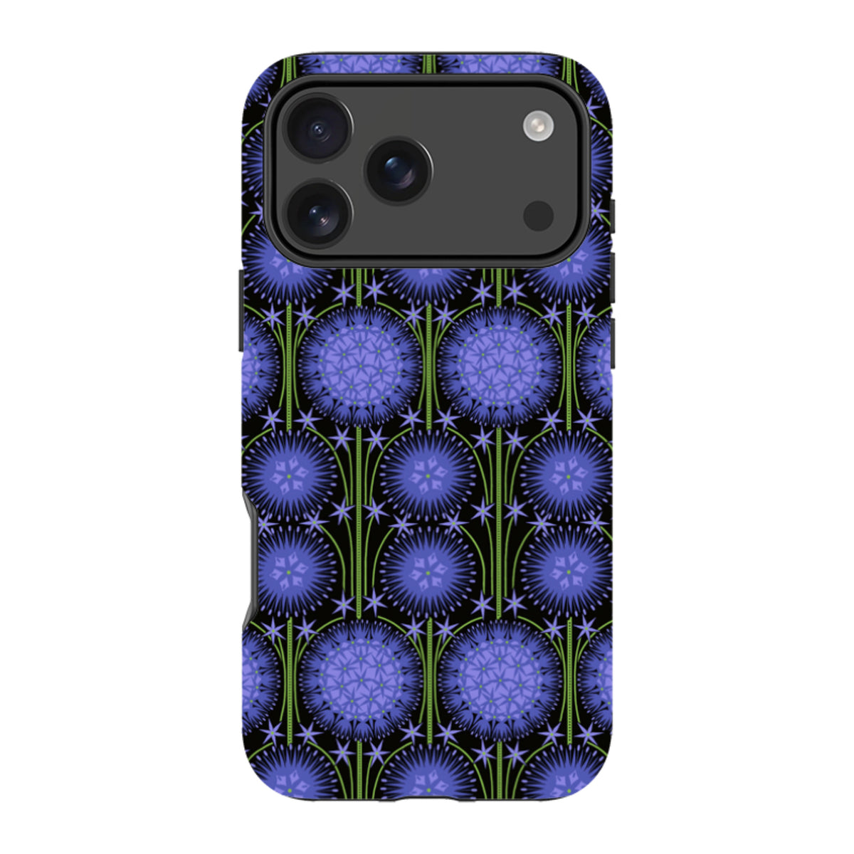 iPhone tough case featuring a purple Allium floral pattern by Cressida Bell on a black background with dual-layer design.