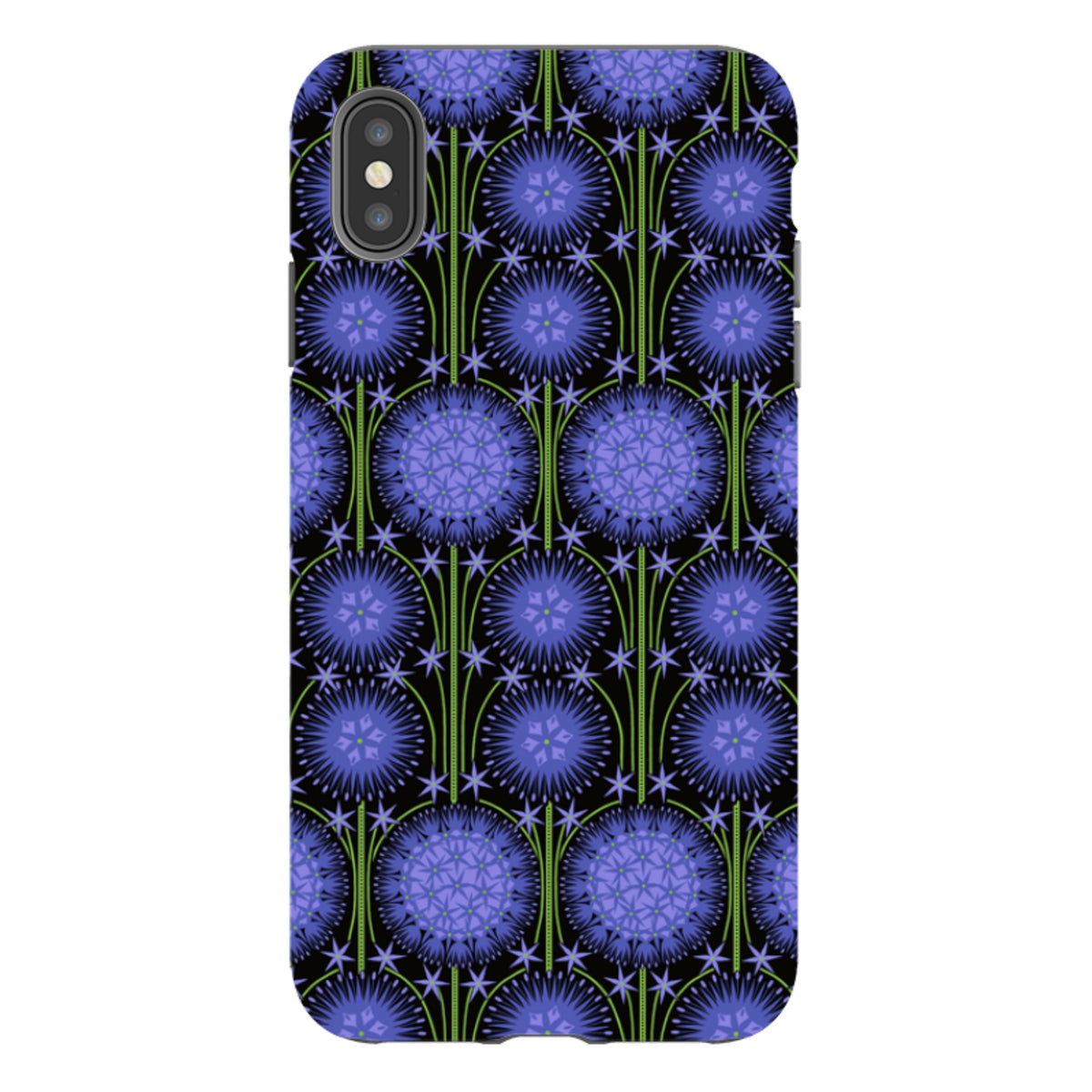 iPhone tough case featuring a purple allium floral pattern on a black background with a dual-layer protective design.