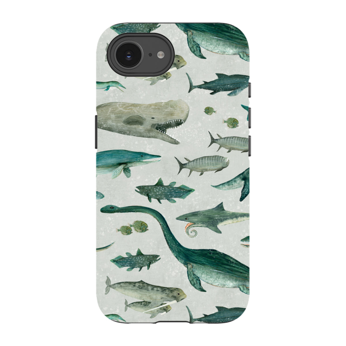 iPhone tough case featuring Katherine Quinn’s Ancient Oceans print with teal and grey prehistoric sea creatures.