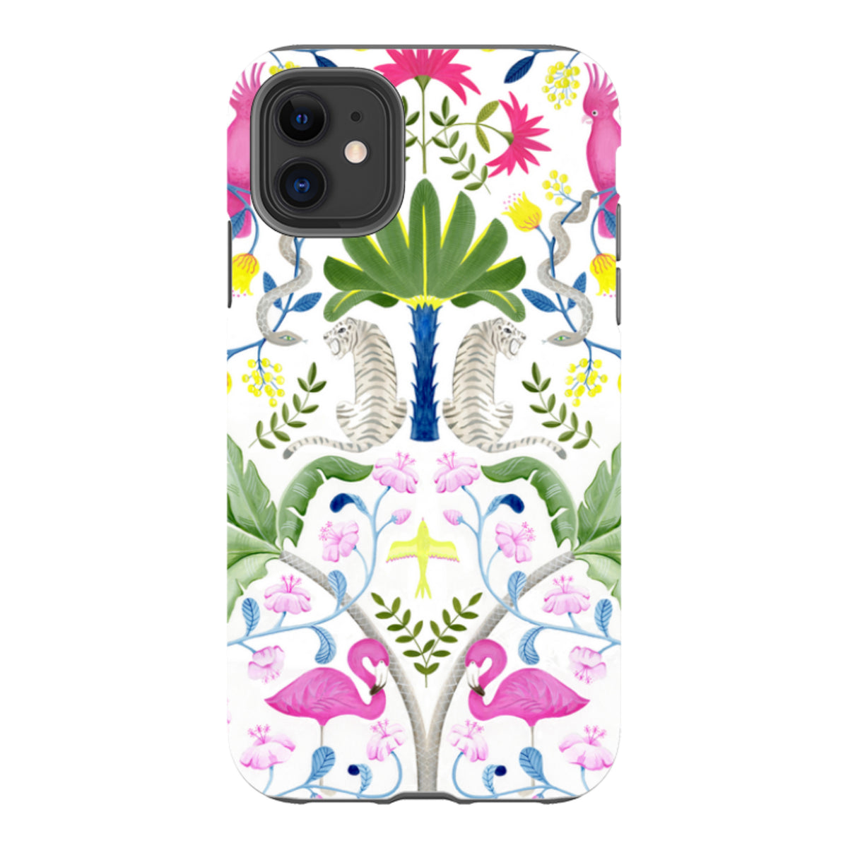 iPhone tough case featuring a colorful jungle pattern with tigers, pink flamingos, and tropical flowers on white.