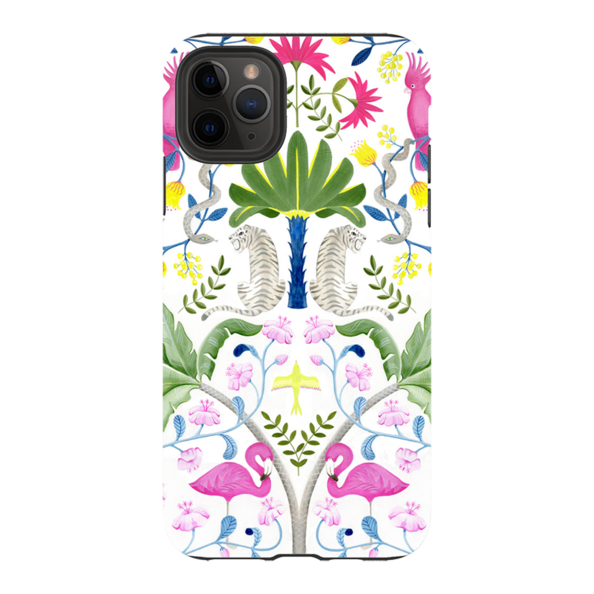 iPhone tough case featuring a colorful jungle pattern with tigers, flamingos, and tropical flowers on a white background.