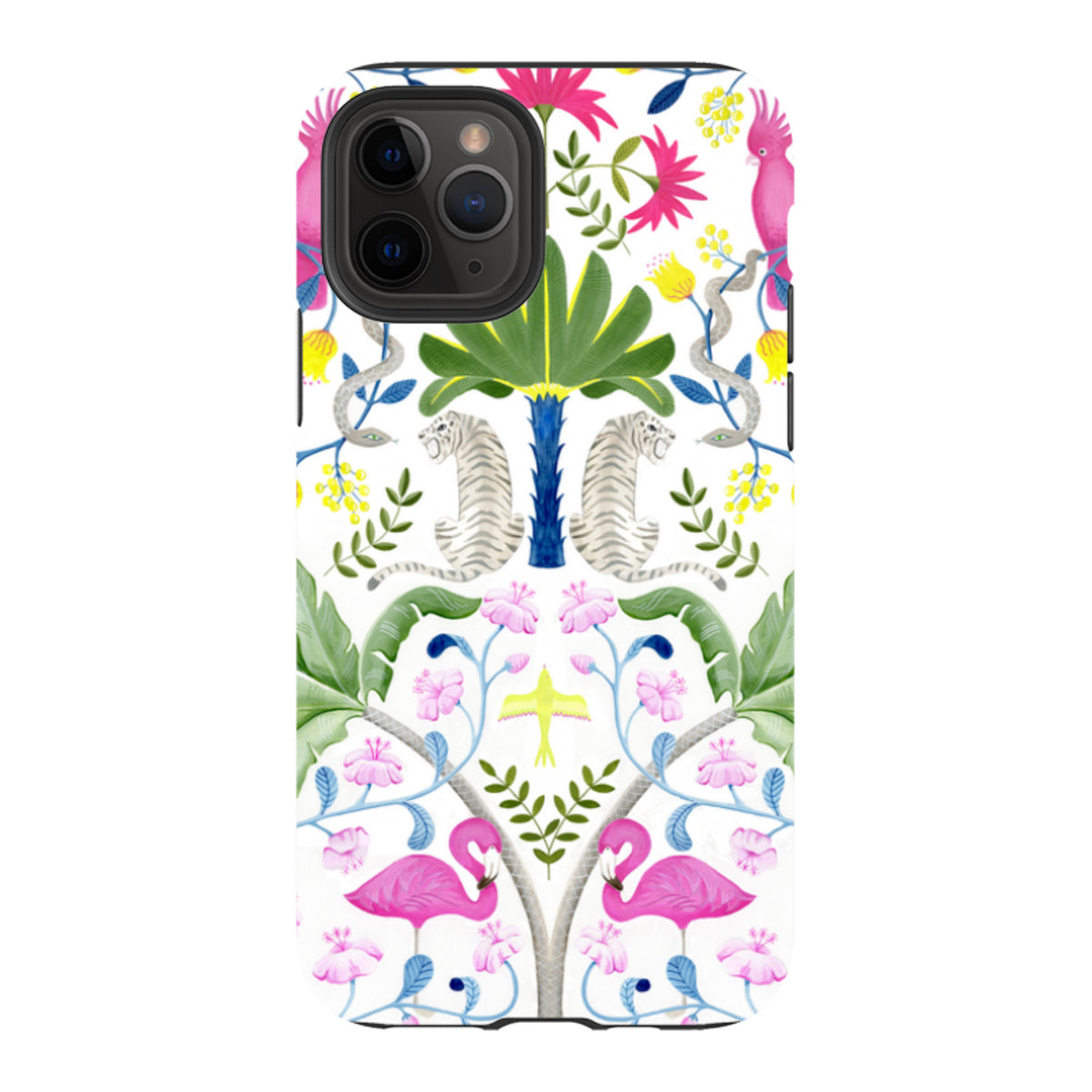iPhone tough case featuring a vibrant jungle pattern with white tigers, pink flamingos, and tropical floral artwork.