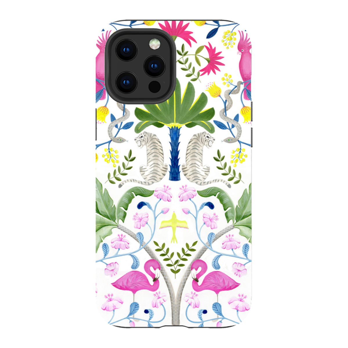iPhone tough case featuring a colorful jungle pattern with tigers, flamingos, and tropical plants on a white background.
