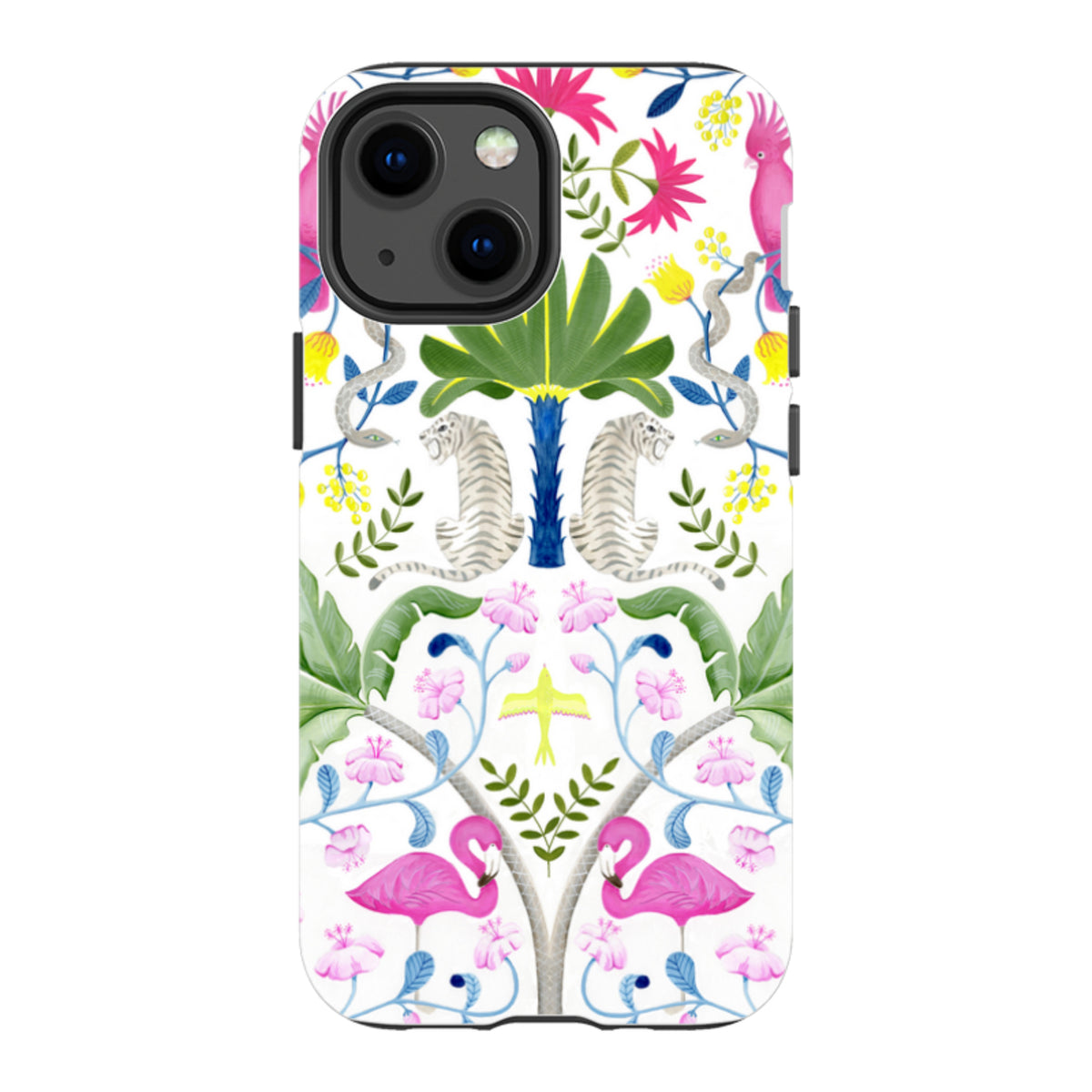 iPhone tough case with a colorful jungle animal pattern featuring white tigers, pink flamingos, and tropical plants.