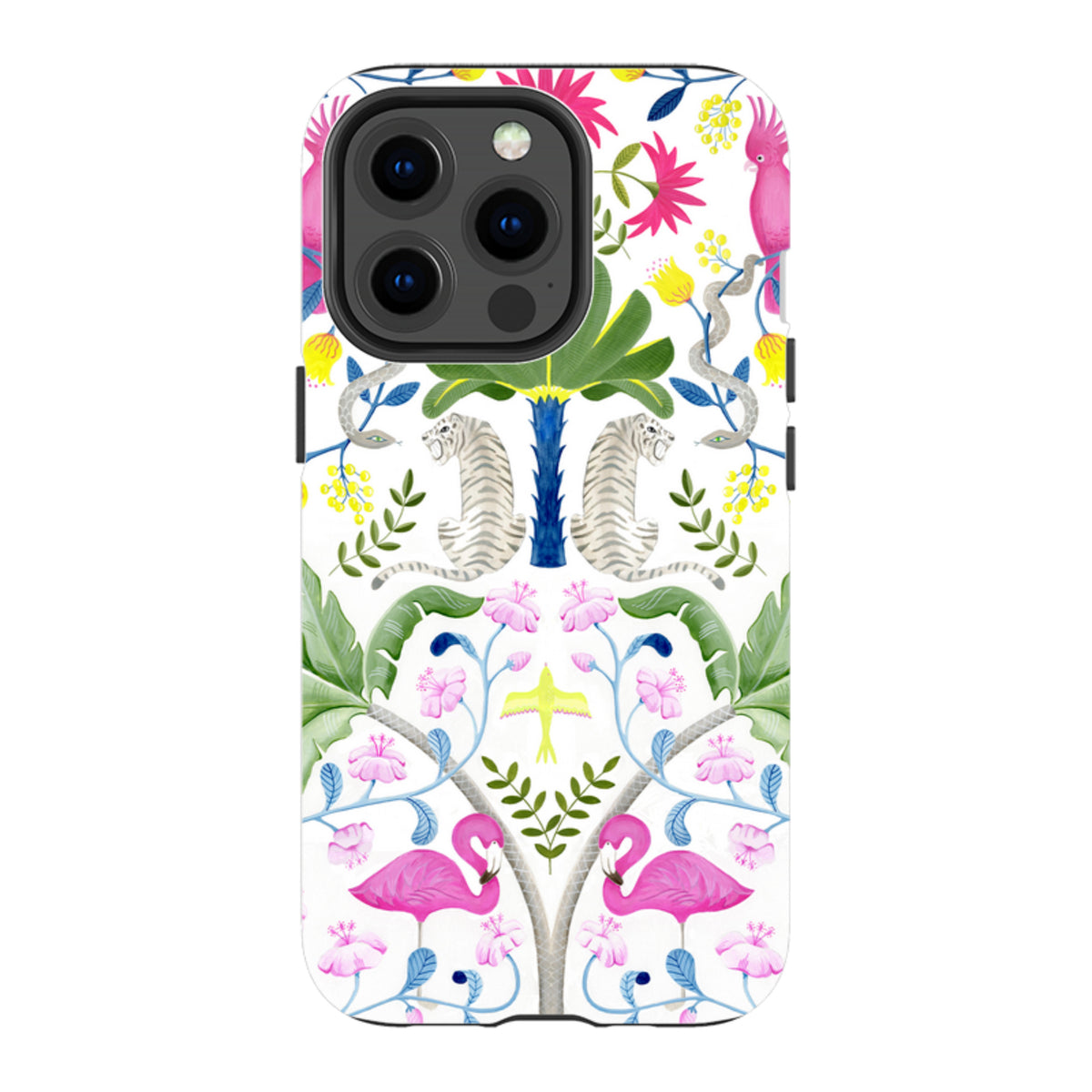 iPhone tough case featuring a colorful jungle pattern with white tigers, pink flamingos, and tropical flowers.