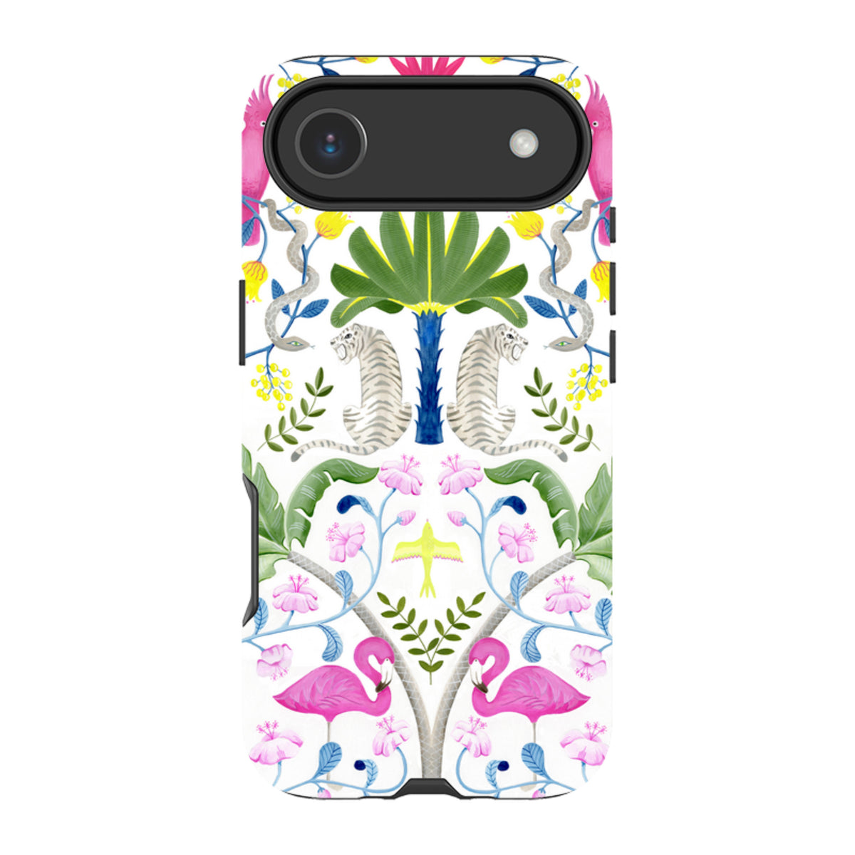 iPhone tough case featuring a vibrant jungle pattern with white tigers, pink flamingos, and tropical plants by Bex Parkin.