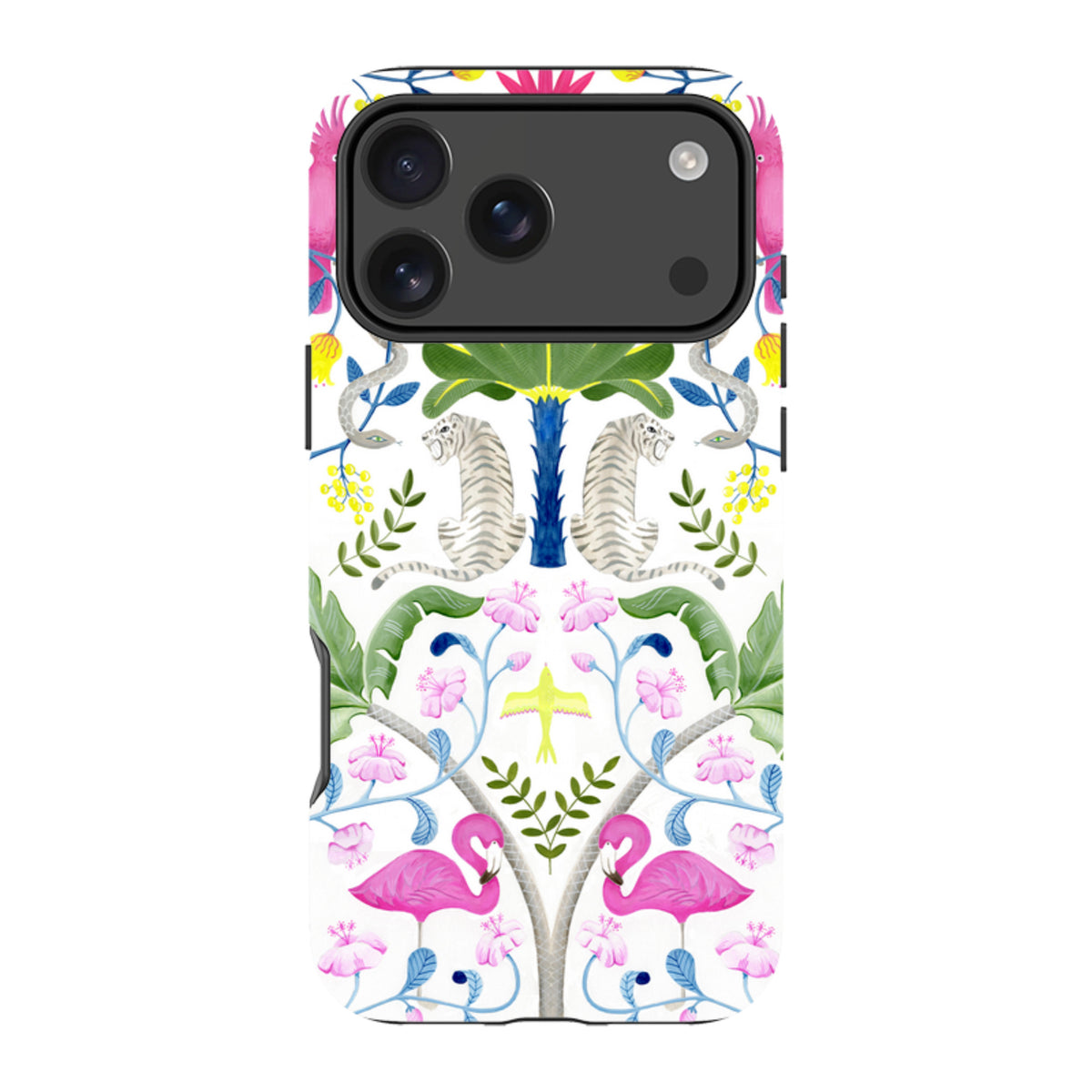 iPhone tough case featuring a vibrant Bex Parkin animal pattern with white tigers, pink flamingos, and tropical foliage.