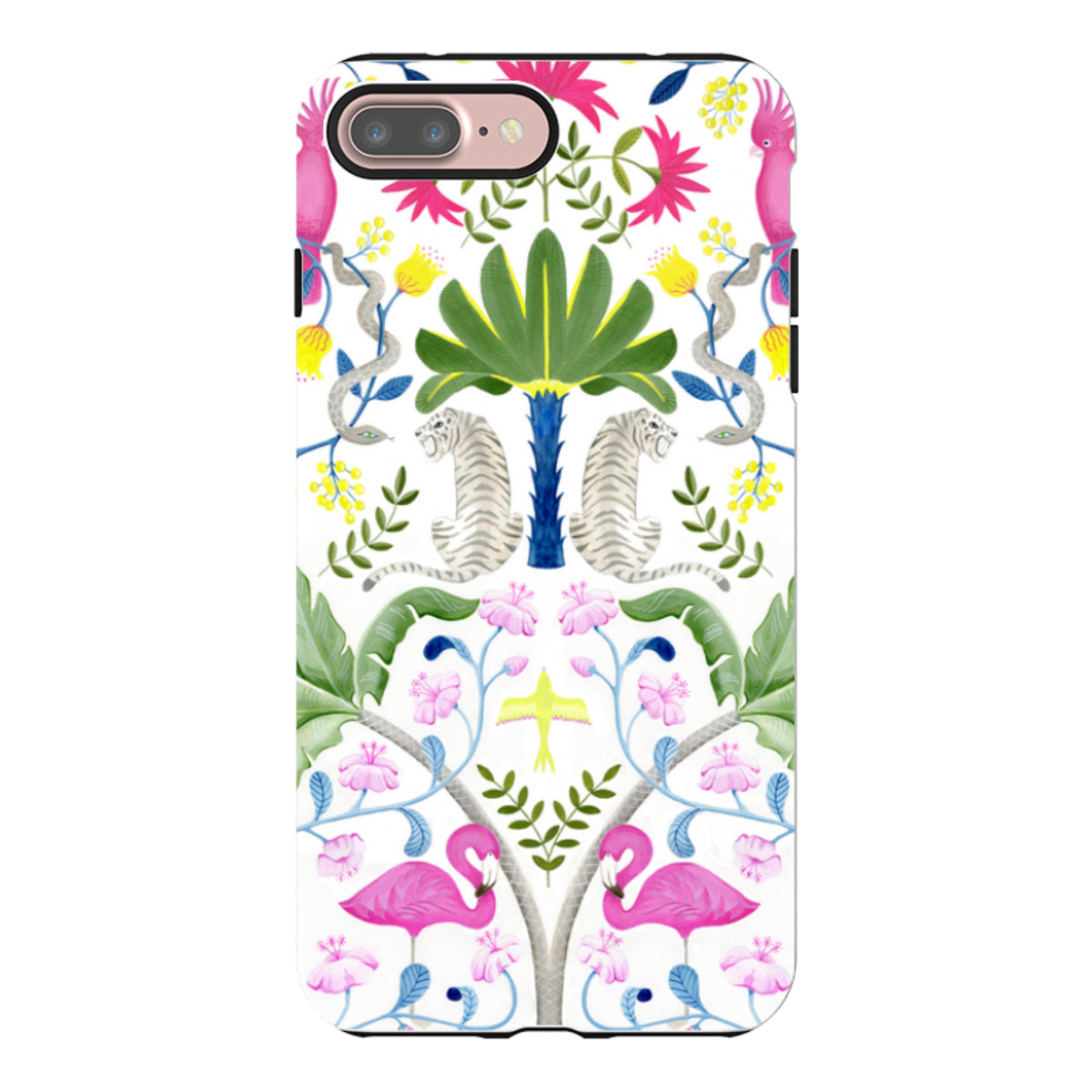 iPhone tough case featuring a colorful jungle animal pattern with tigers, flamingos, and tropical plants on white.