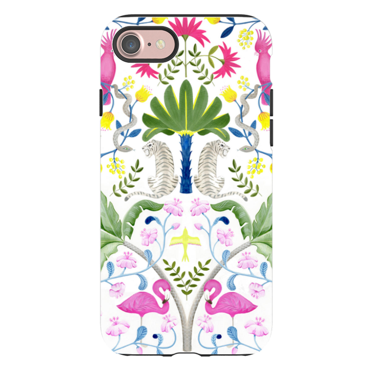 iPhone tough case featuring a colorful jungle animal pattern with tigers, flamingos, and tropical plants on white.