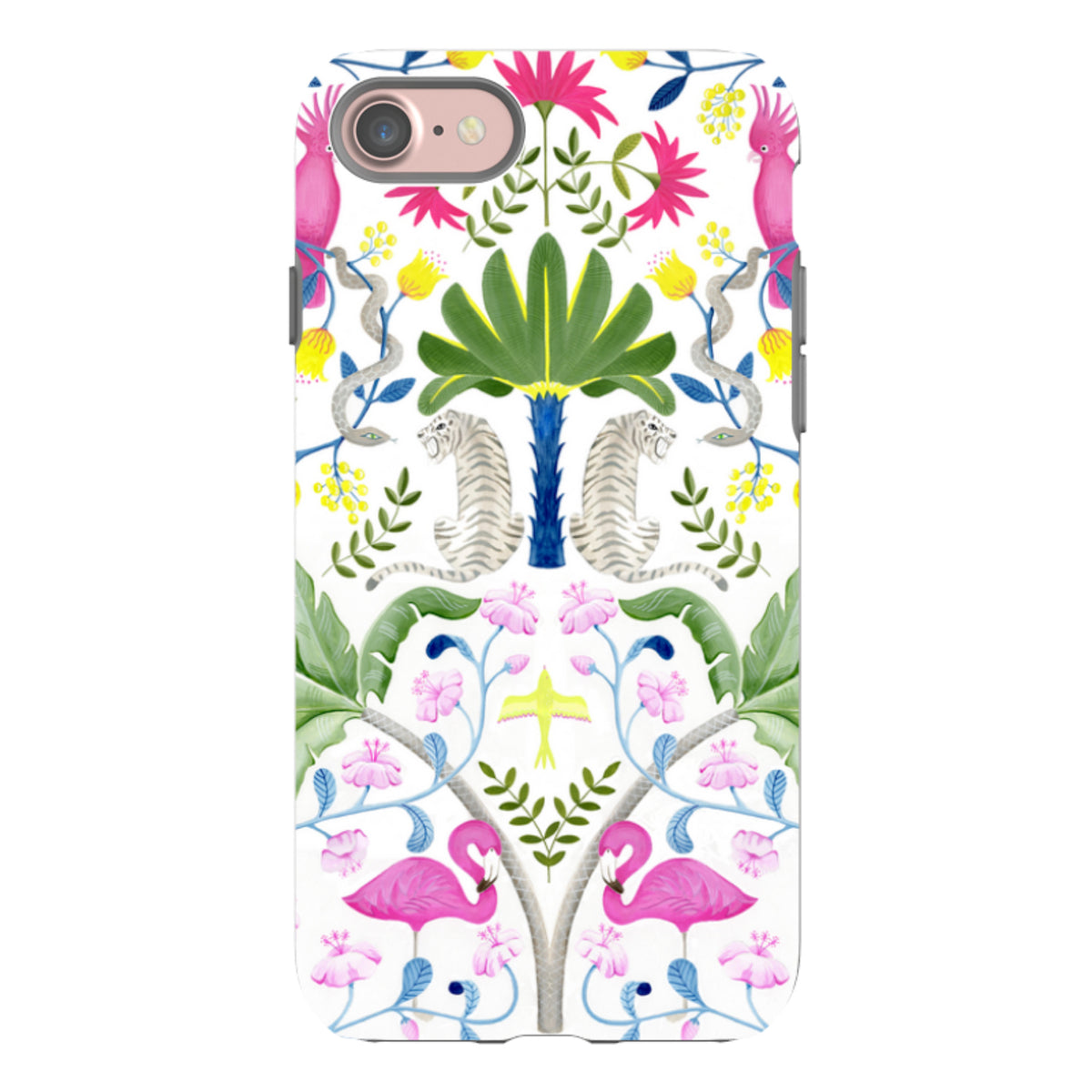 iPhone tough case featuring a colorful jungle pattern with white tigers, pink flamingos, tropical plants, and flowers.
