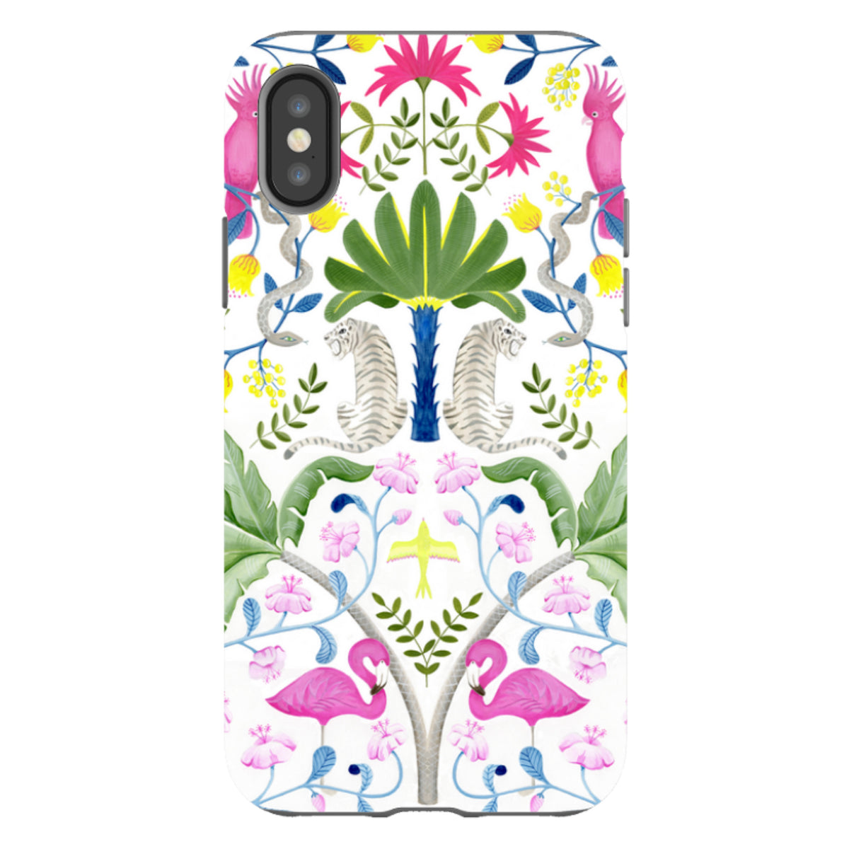 iPhone tough case featuring a vibrant jungle pattern with white tigers, pink flamingos, and tropical floral artwork.