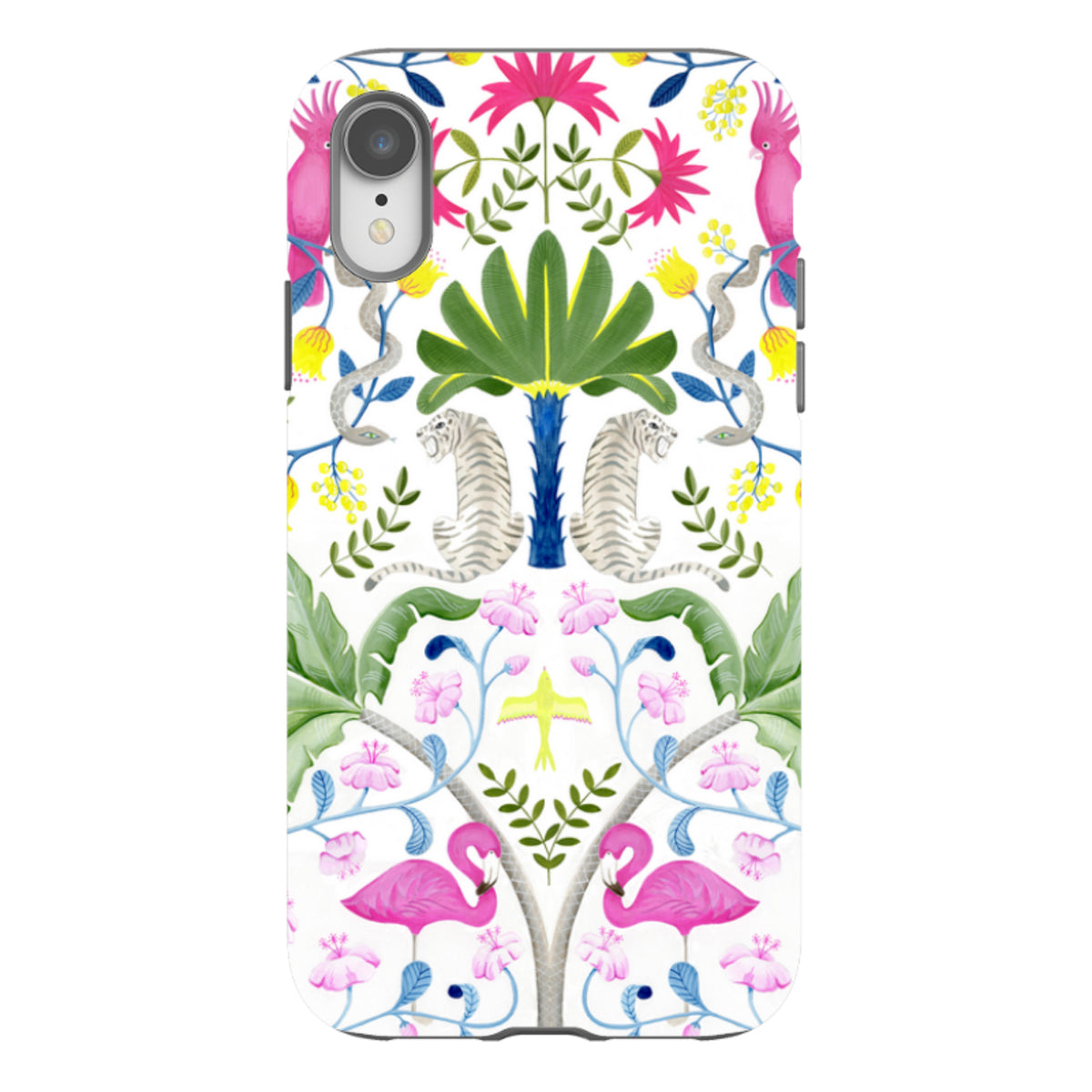 iPhone tough case featuring a colorful jungle pattern with tigers, pink flamingos, and tropical plants on white.
