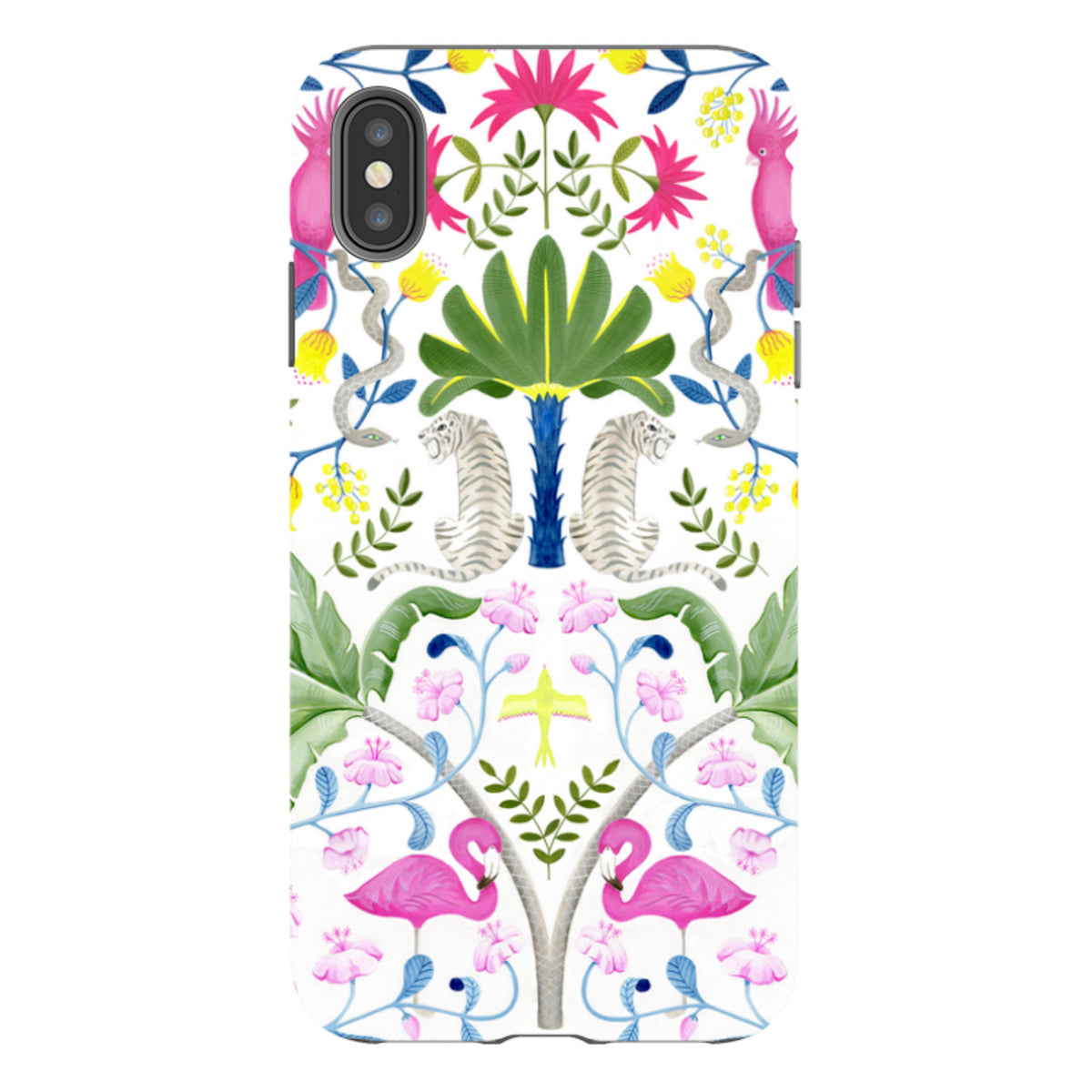 iPhone tough case featuring a colorful jungle pattern with tigers, pink flamingos, and tropical plants on white.