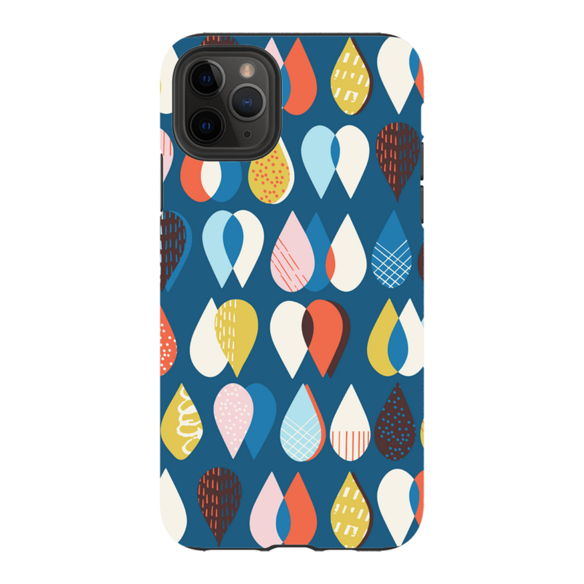 Dual-layer iPhone tough case featuring a blue background with a colorful, patterned raindrop design by Ali Brookes.