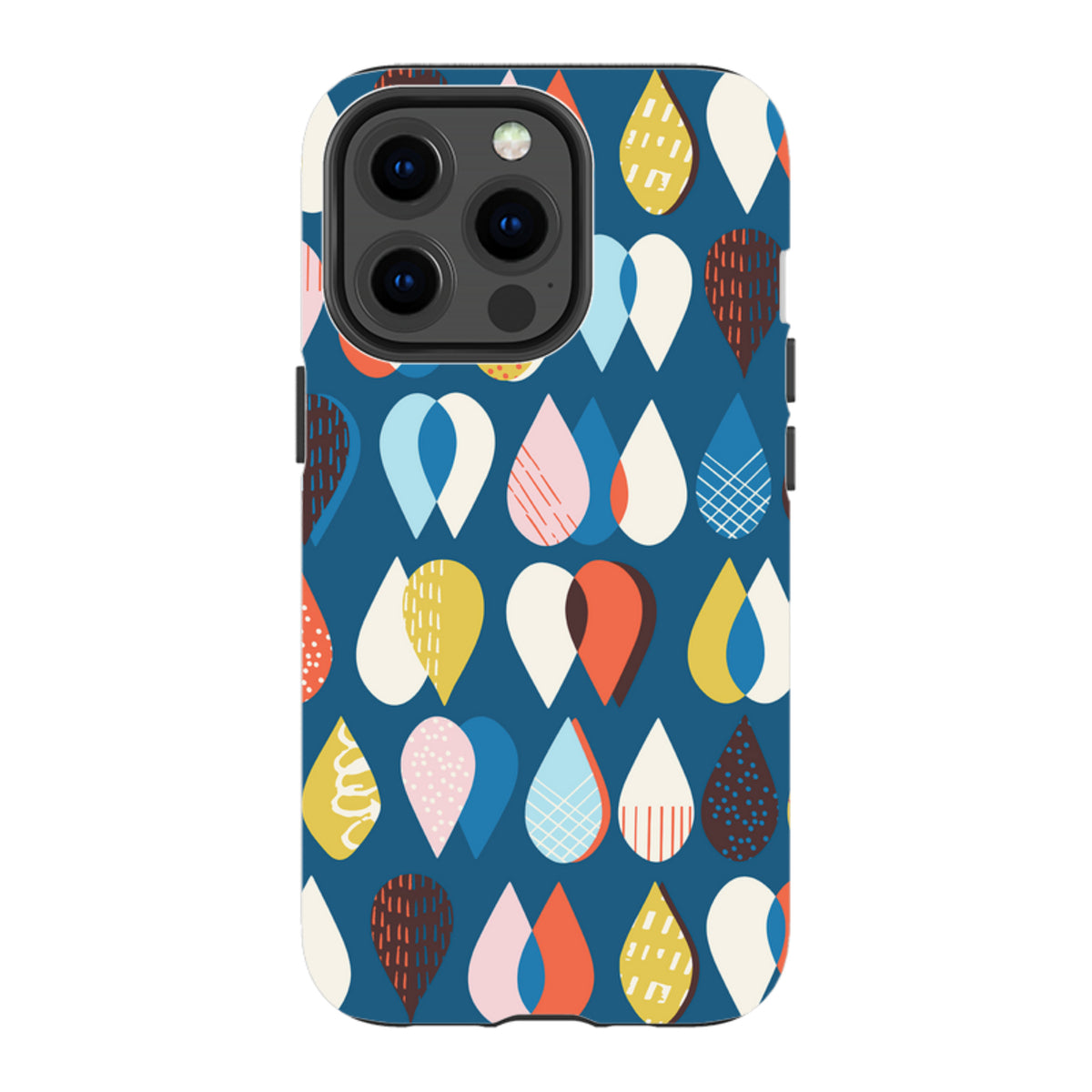 iPhone tough case with a blue background and colorful, patterned raindrop art by Ali Brookes.