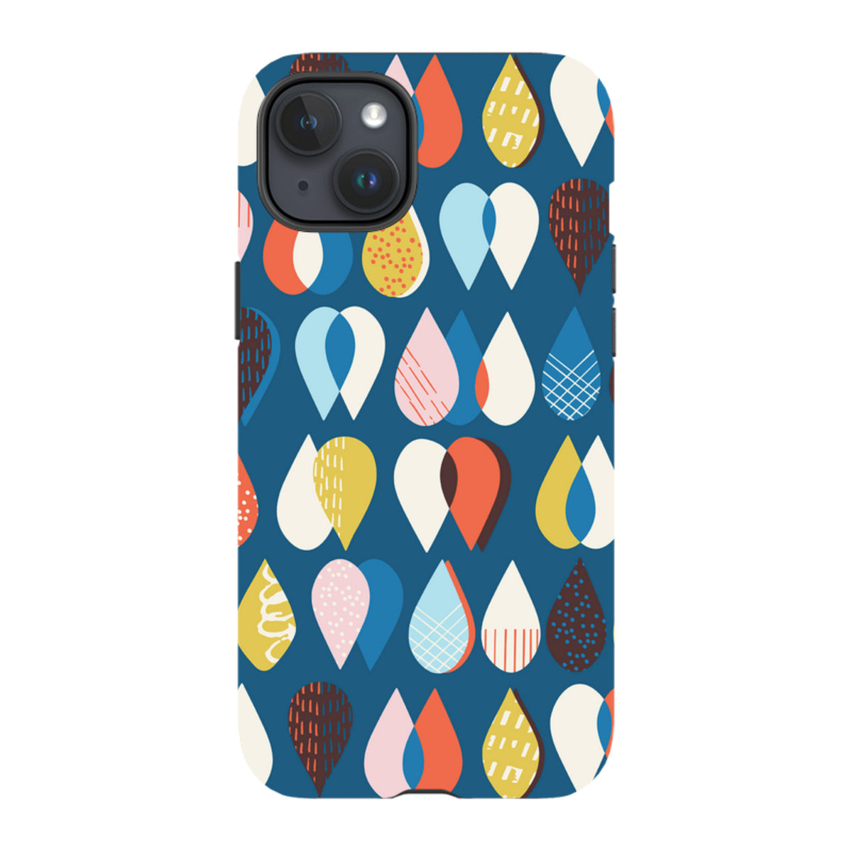 iPhone tough case featuring a blue background with colorful, patterned raindrop illustrations by Ali Brookes.