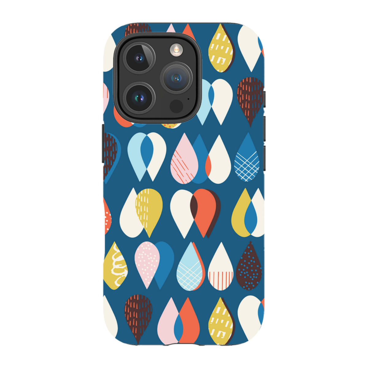 iPhone tough case with a blue background featuring a colorful, patterned raindrop design by Ali Brookes.