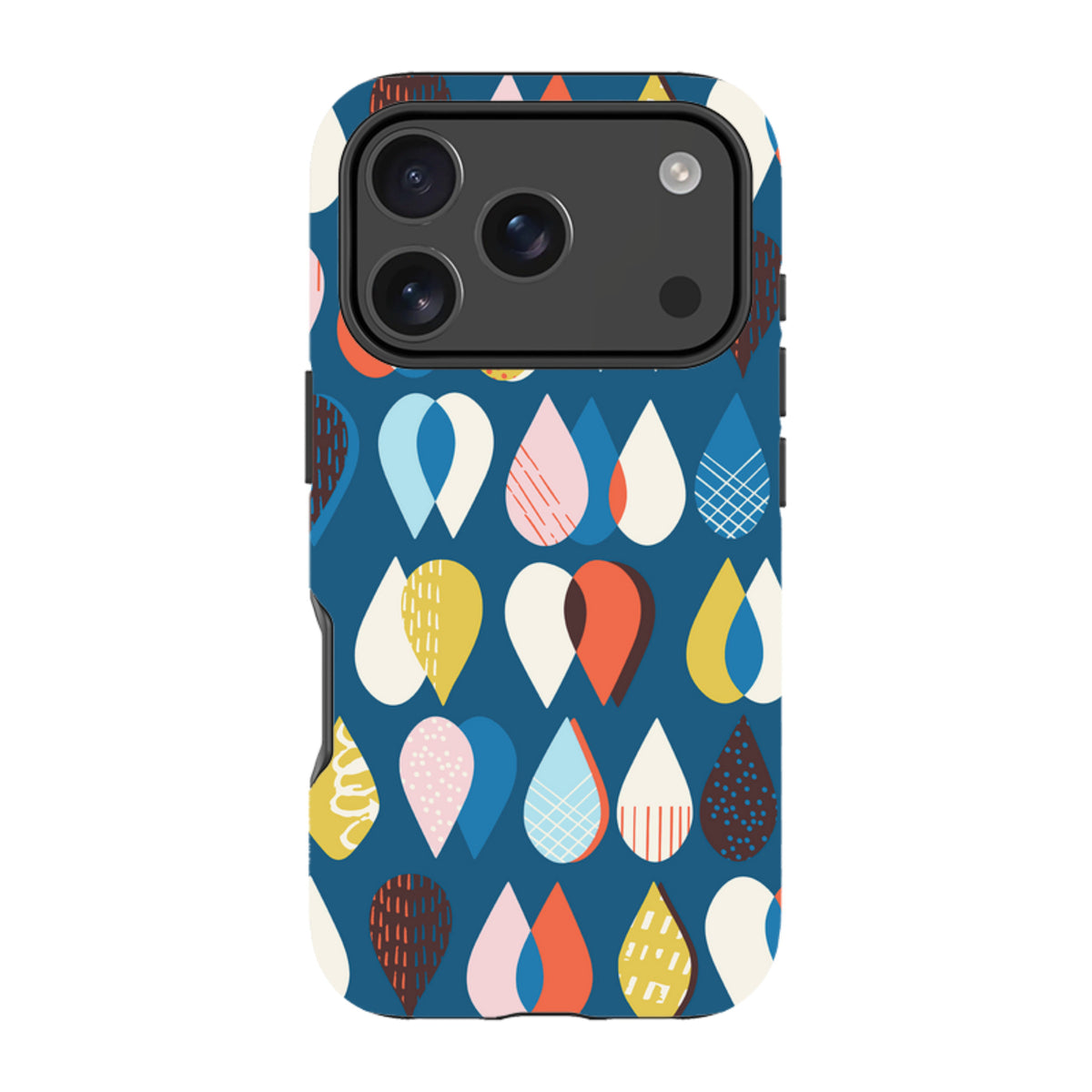 iPhone Tough Case featuring a blue background with colorful, patterned raindrop art by Ali Brookes and protective edges.