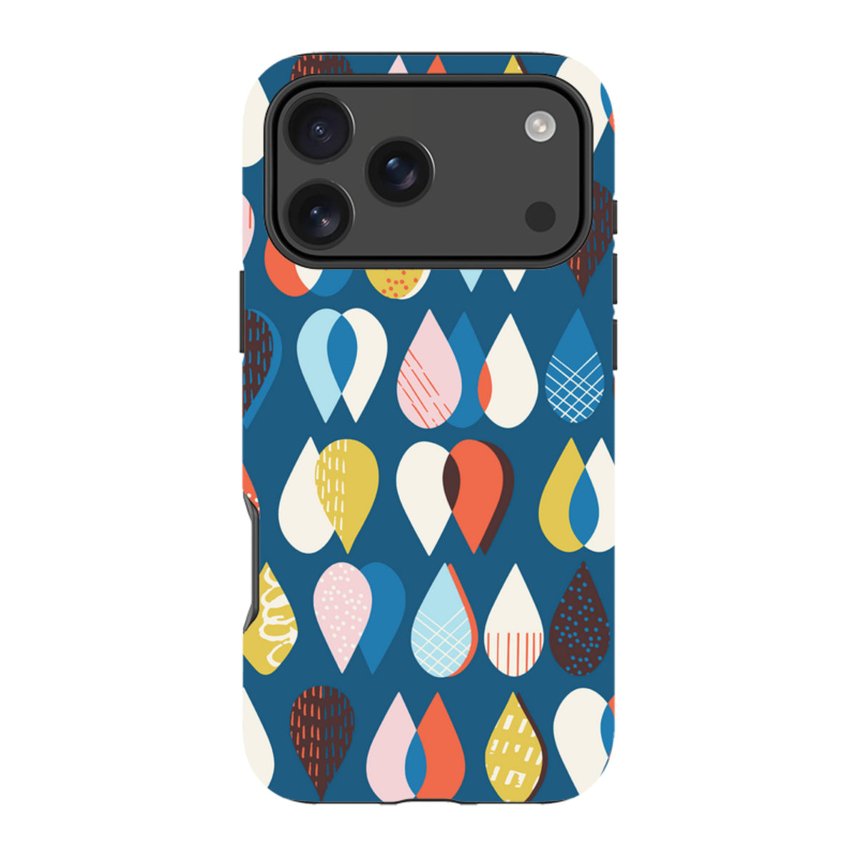 iPhone tough case with a blue background and colorful, patterned raindrop art by Ali Brookes, featuring dual-layer protection.