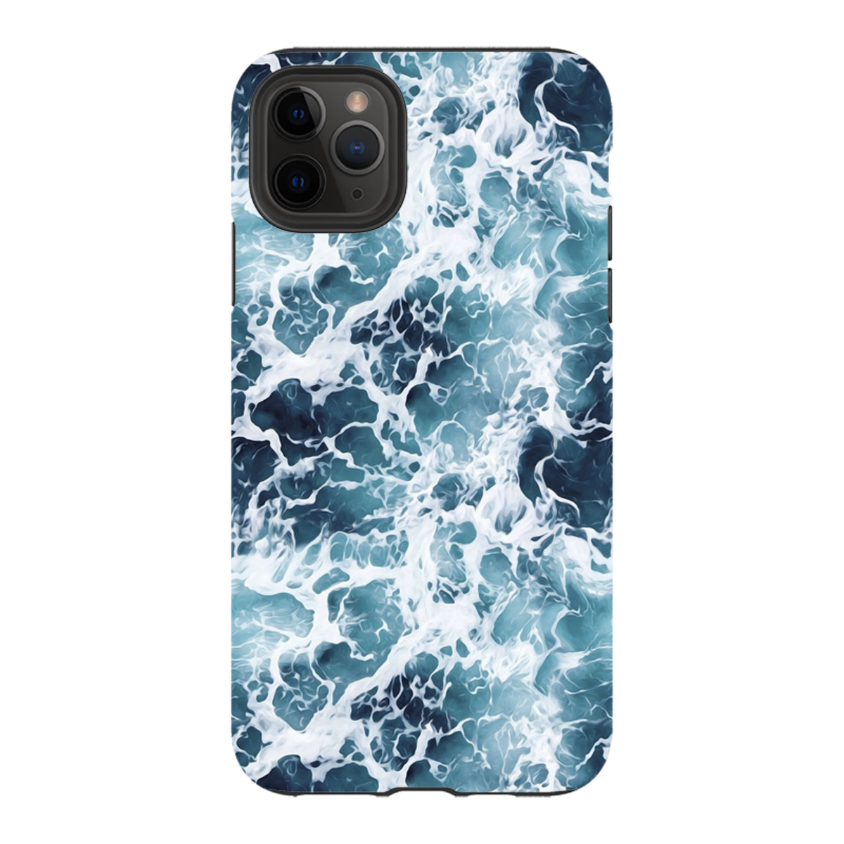 Aqua iPhone tough case with a high-definition, dual-layer design featuring a swirling white and blue ocean wave pattern.