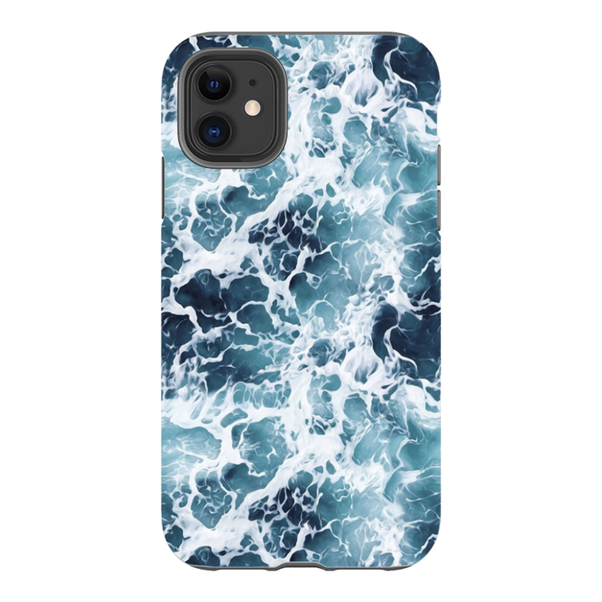 Aqua iPhone tough case with a high-definition, dual-layer design featuring a white and blue ocean wave pattern.