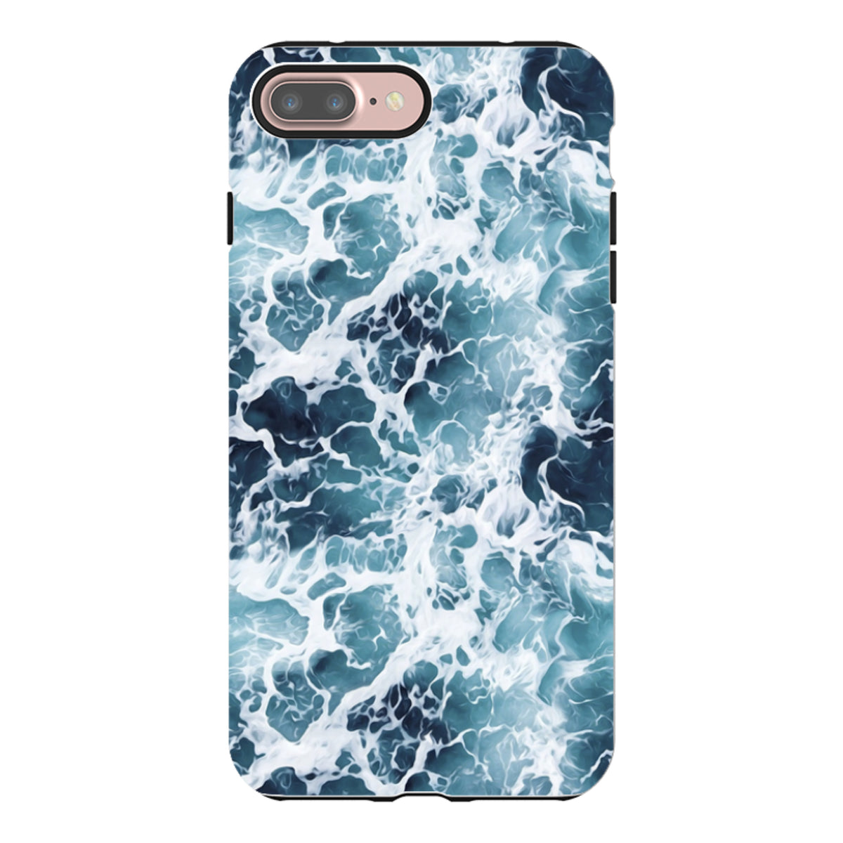 Aqua iPhone tough case with a high-definition ocean wave print, featuring a dual-layer design and raised camera edges.