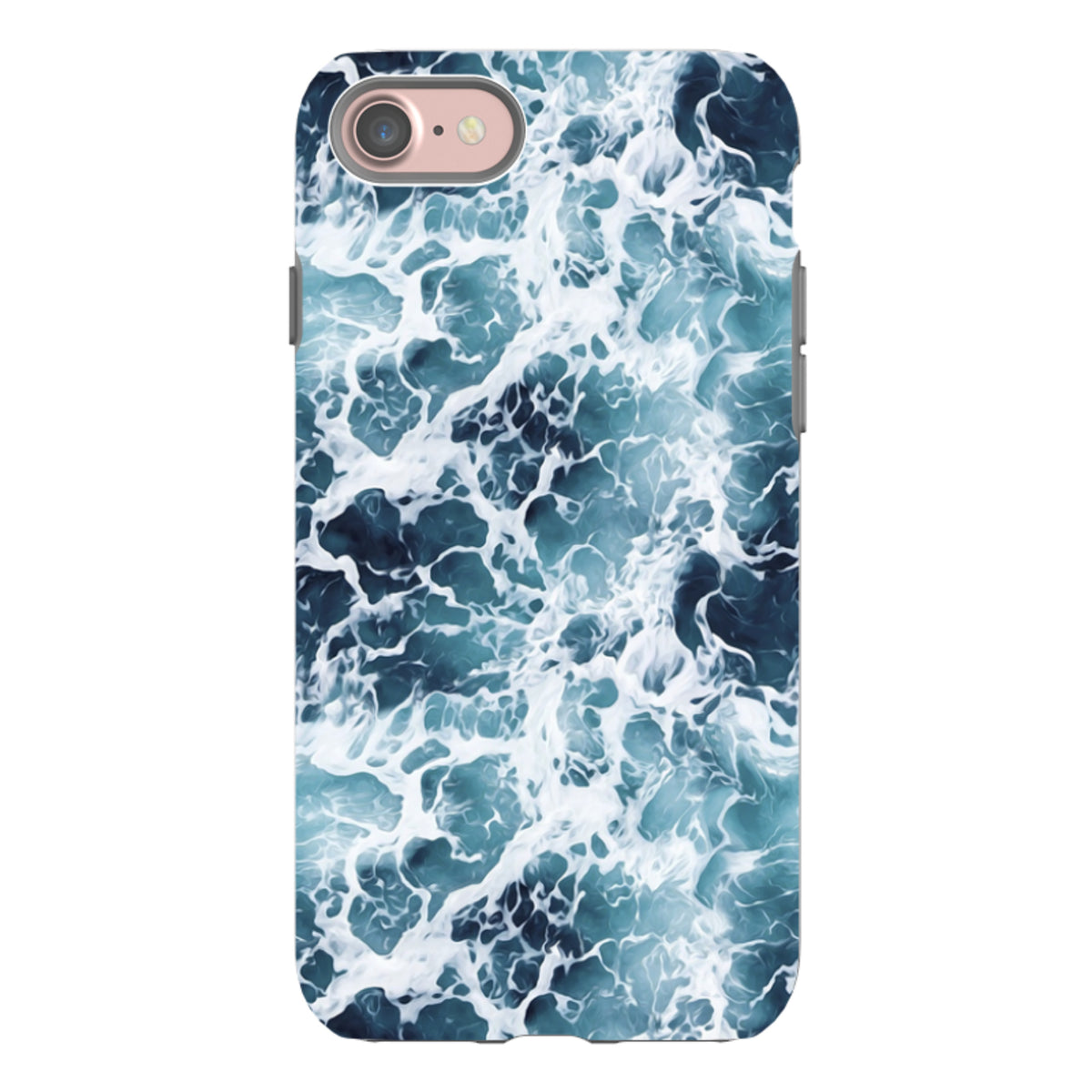 iPhone tough case in aqua featuring a high-definition, dual-layer design with a white and blue ocean wave pattern.