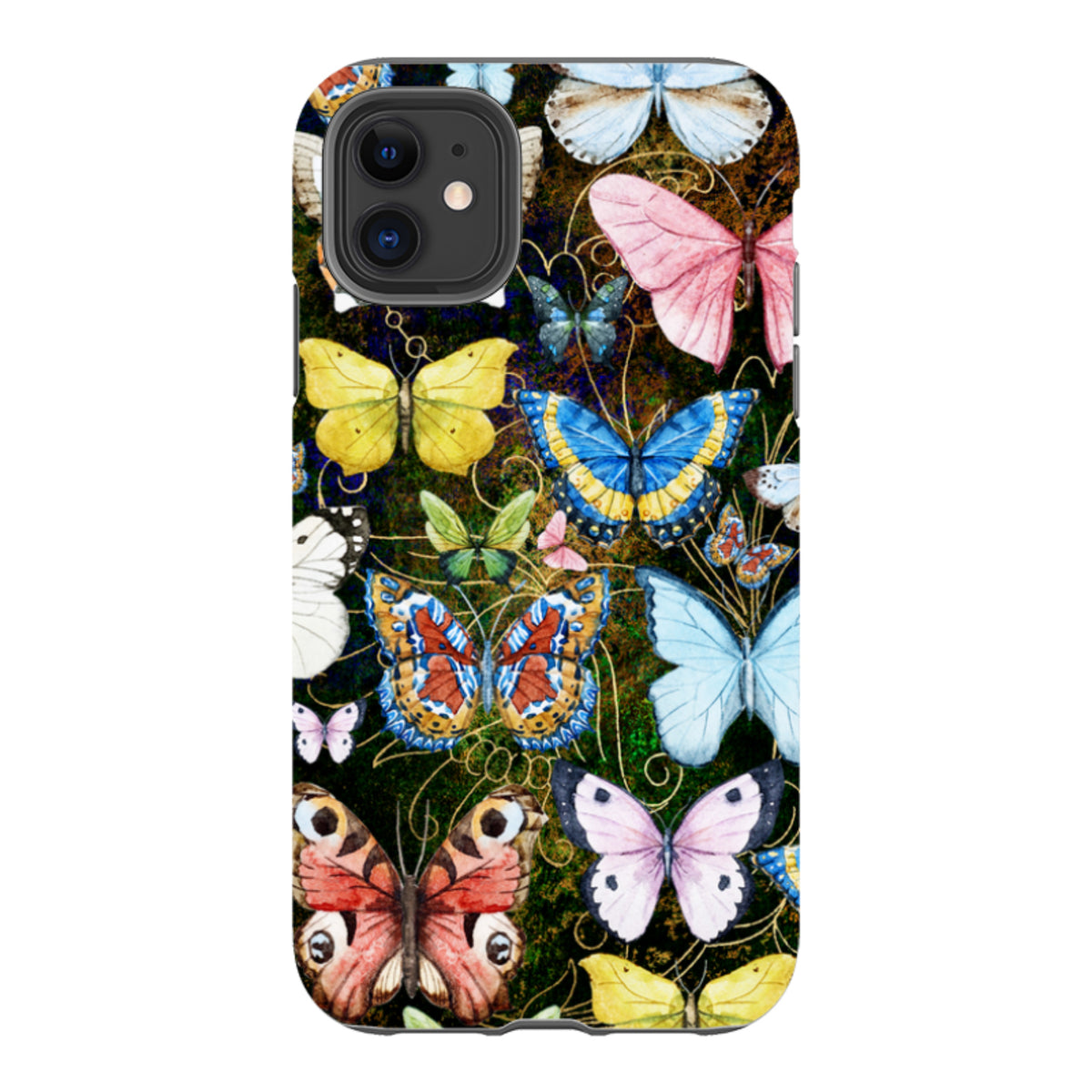 iPhone Tough Case featuring a vibrant, high-definition butterfly pattern on a dark, textured background.