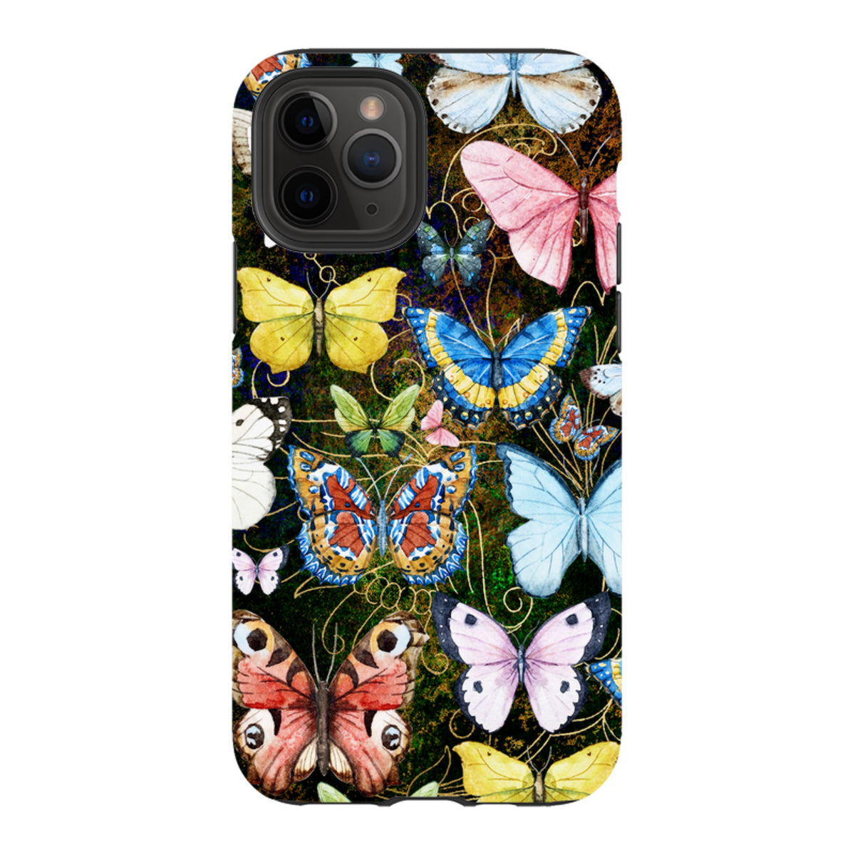iPhone tough case featuring a vibrant, multi-colored butterfly pattern on a dark, textured background.