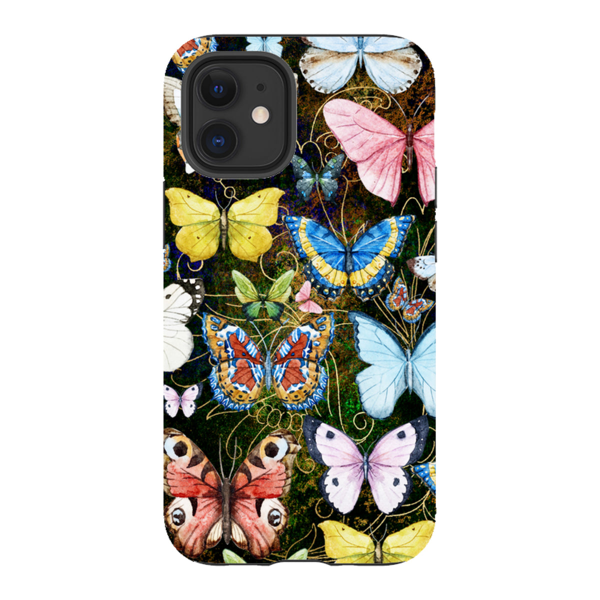 iPhone Tough Case featuring a vibrant, high-definition watercolor butterfly pattern on a dark, textured background.