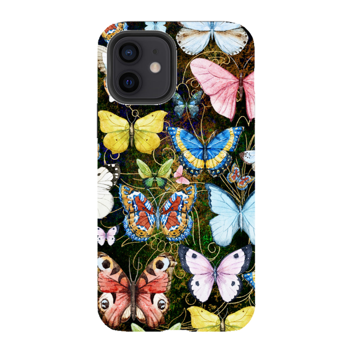 iPhone tough case featuring a colorful, high-definition watercolor butterfly pattern on a dark, textured background.
